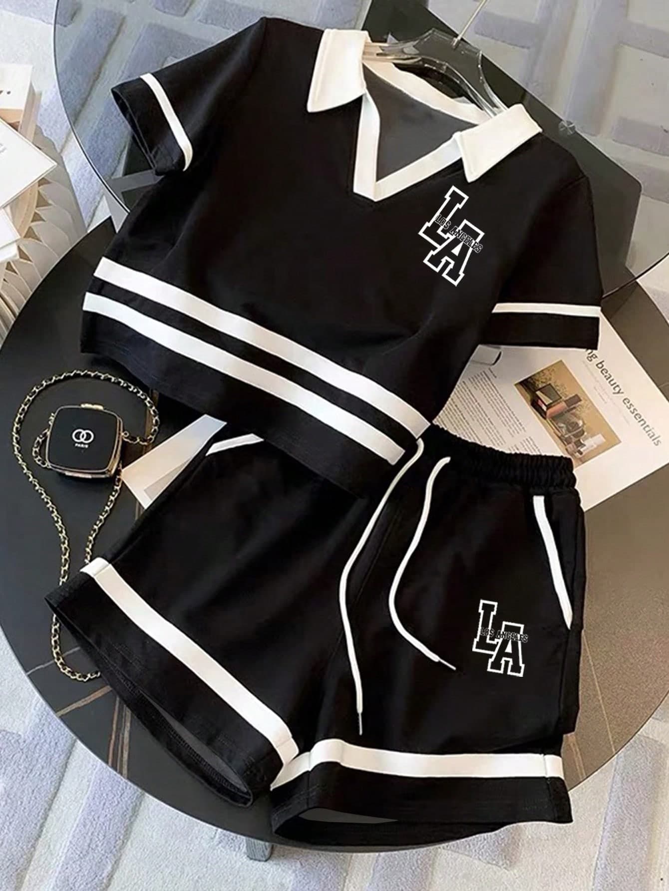 Franclia Fitted Polo Collar Raglan Short Sleeve Top + Casual Shorts Set