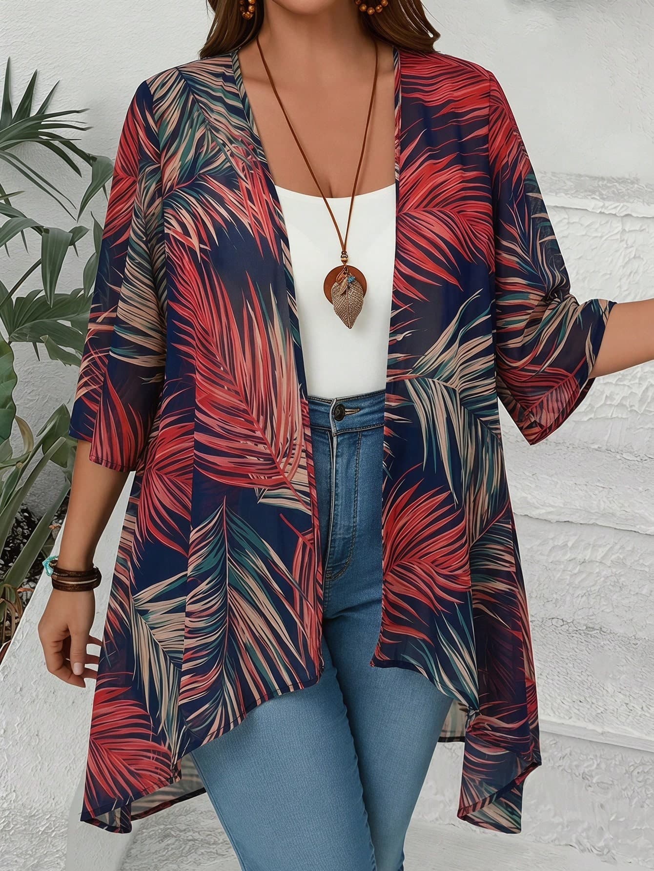 EMERY ROSE Plus Size Women Tropical Plant Print Loose 3/4 Sleeve Jacket Fall