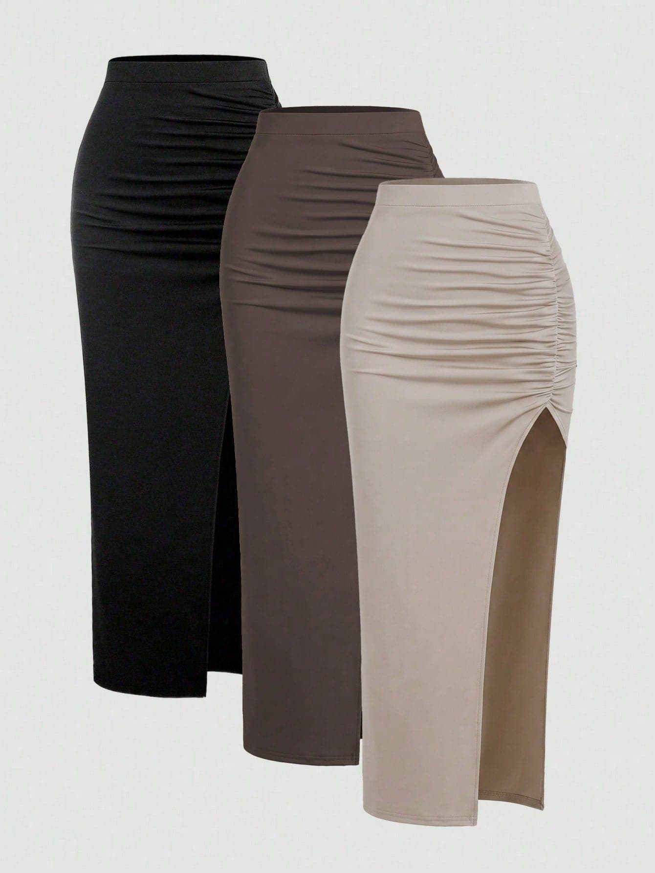 Sweetra Women's Summer Casual Ruched High Slit Bodycon Skirt Y2K