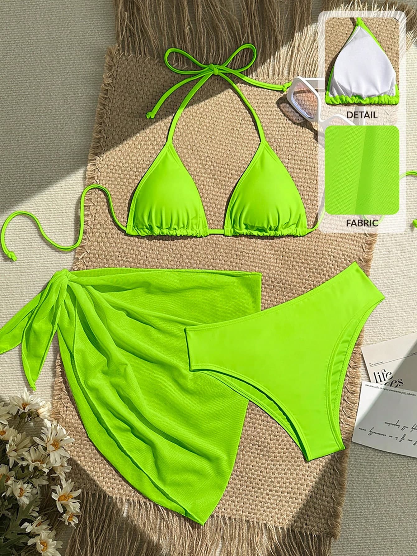 Swim Vcay 3pcs/Set Women's Neon Green Halter Tie Sexy Bikini Swimsuit With Skirt, Summer Beach Floral Print