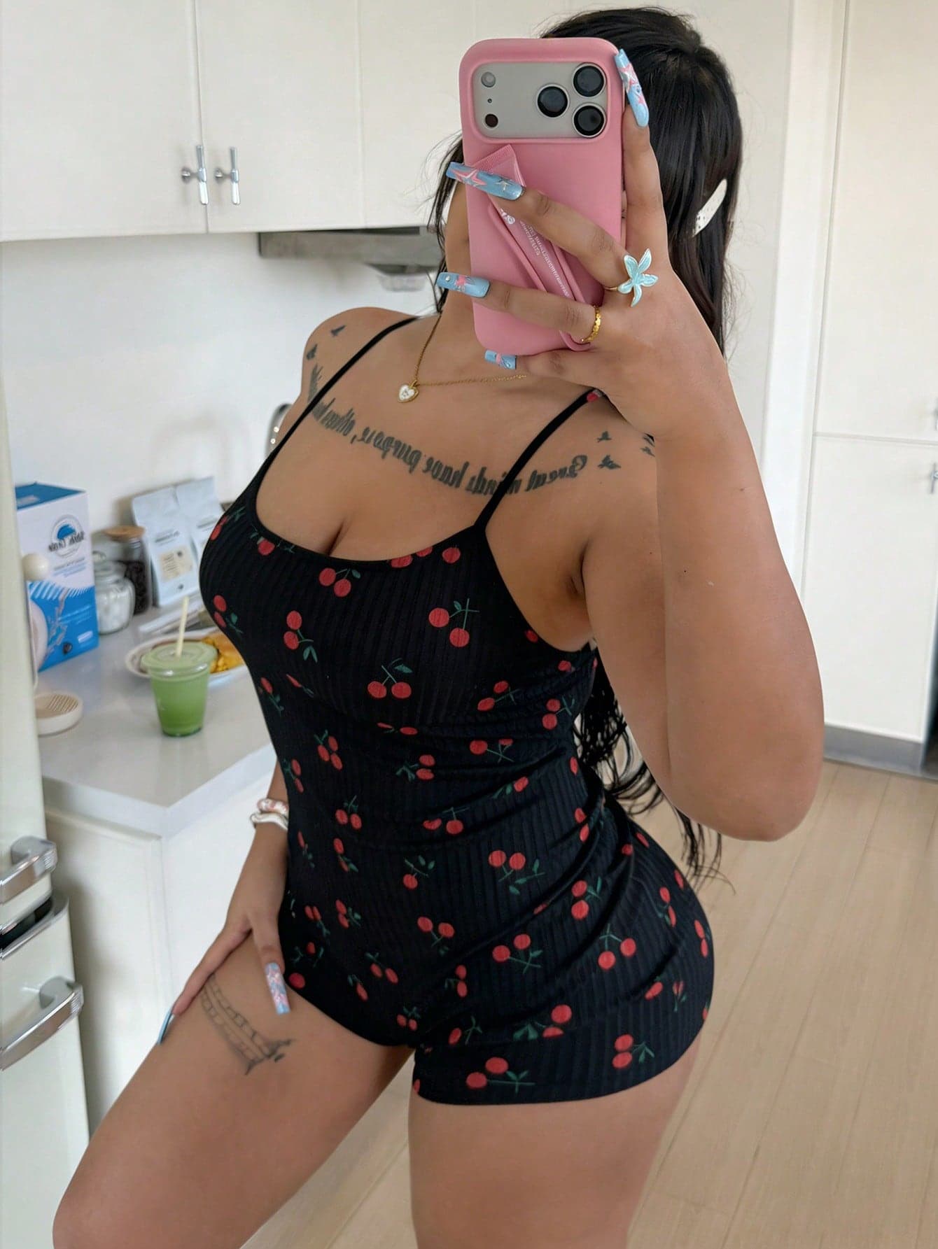 ZzzCrew Plus Size Cherry Print Criss-Cross Back Comfy Jumpsuit Pajamas
