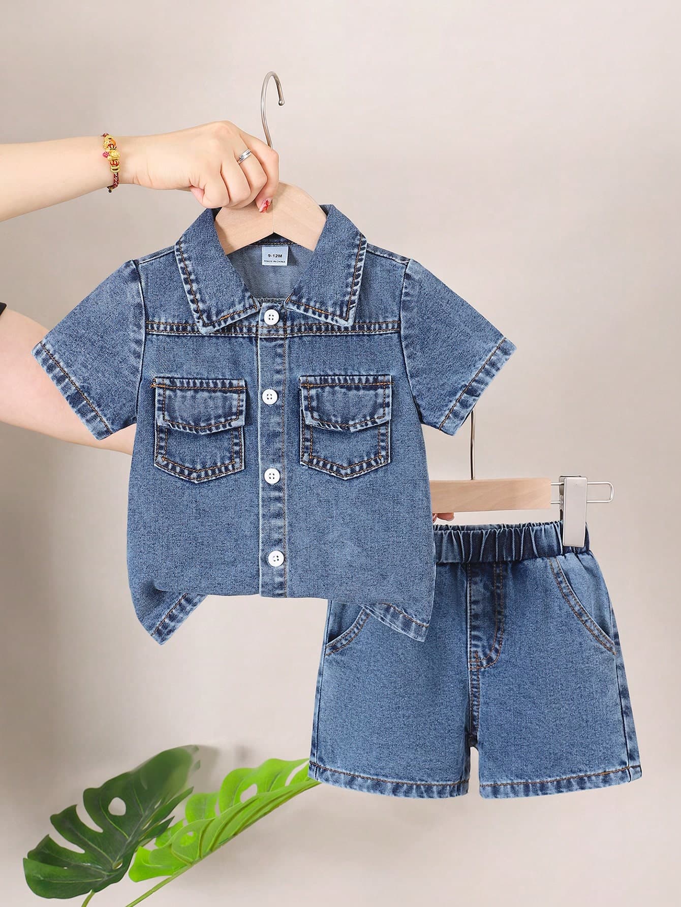 SHEIN Baby Boy Casual Denim Shirt Collar Washed Denim Outfit