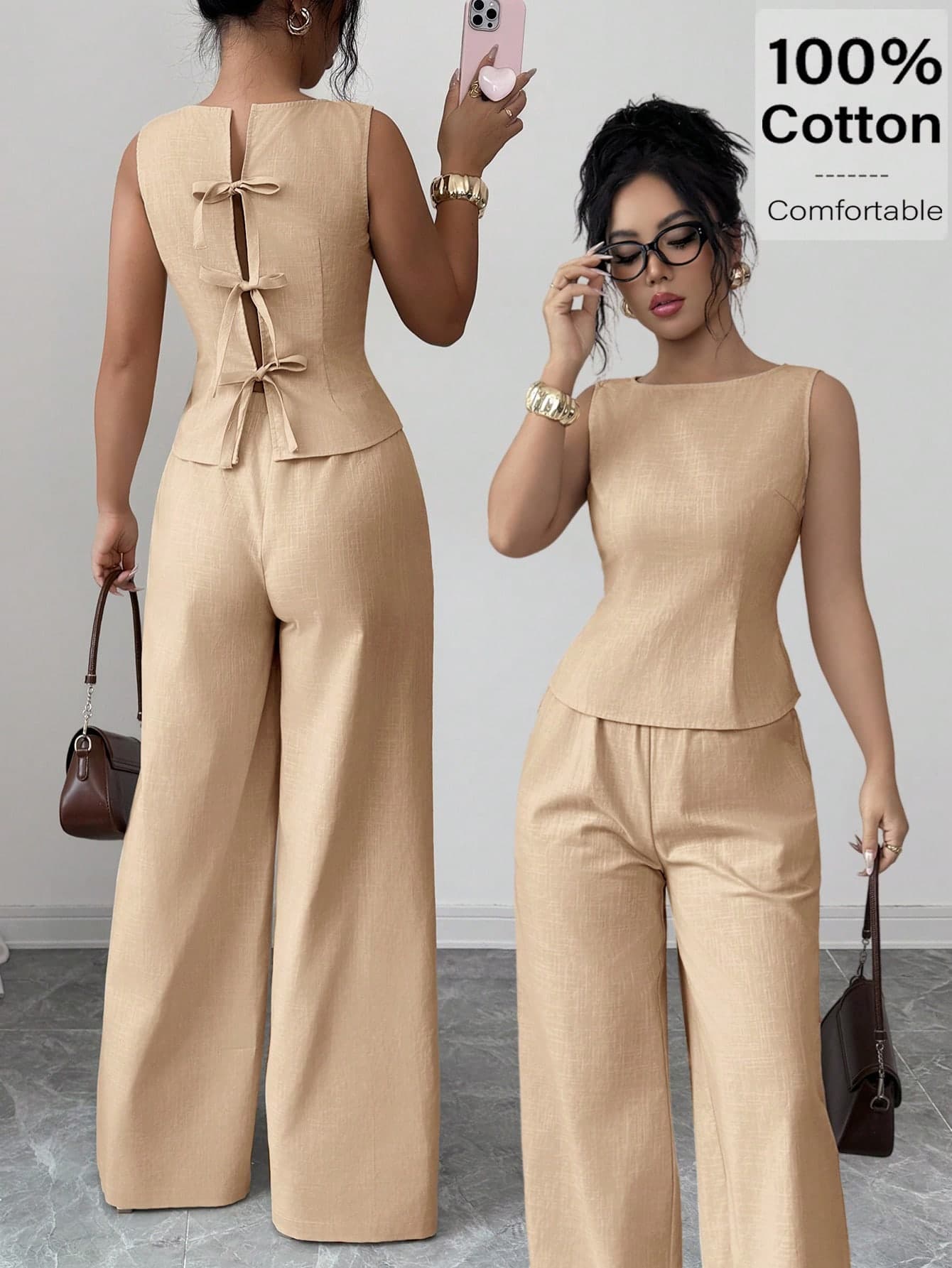 Siren Gaze Women's Solid Color Knotted Sleeveless Top And Wide Leg Pants Elegant Elegant 2 Pieces Set,Vacation Outfits Women Vacation Tan Summers,Summer Outfits For Women