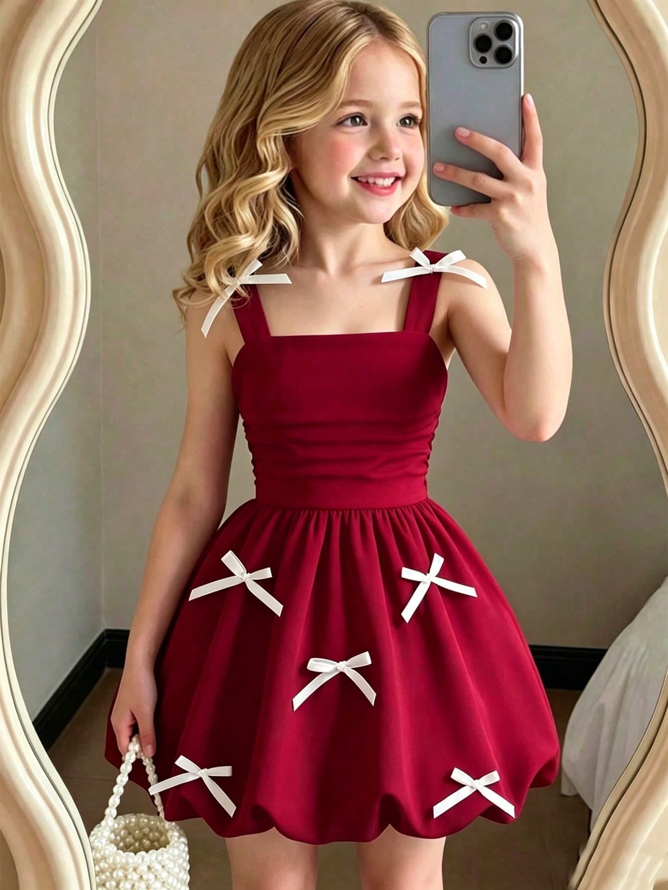 Young Girl's Sweet Burgundy Summer Fairy Birthday Dress,3D Bow Decor Spaghetti Strap Waist Gathered Lantern Hem Princess Party Chic Casual Dresses
