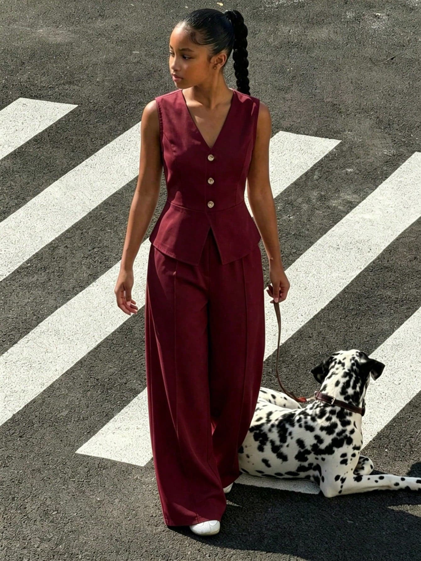 Teen Girl's Spring/Summer Elegant Commute School Formal Open-Front Sleeveless Suit Vest + Loose Straight-Leg Trousers Woven Solid Color Suit