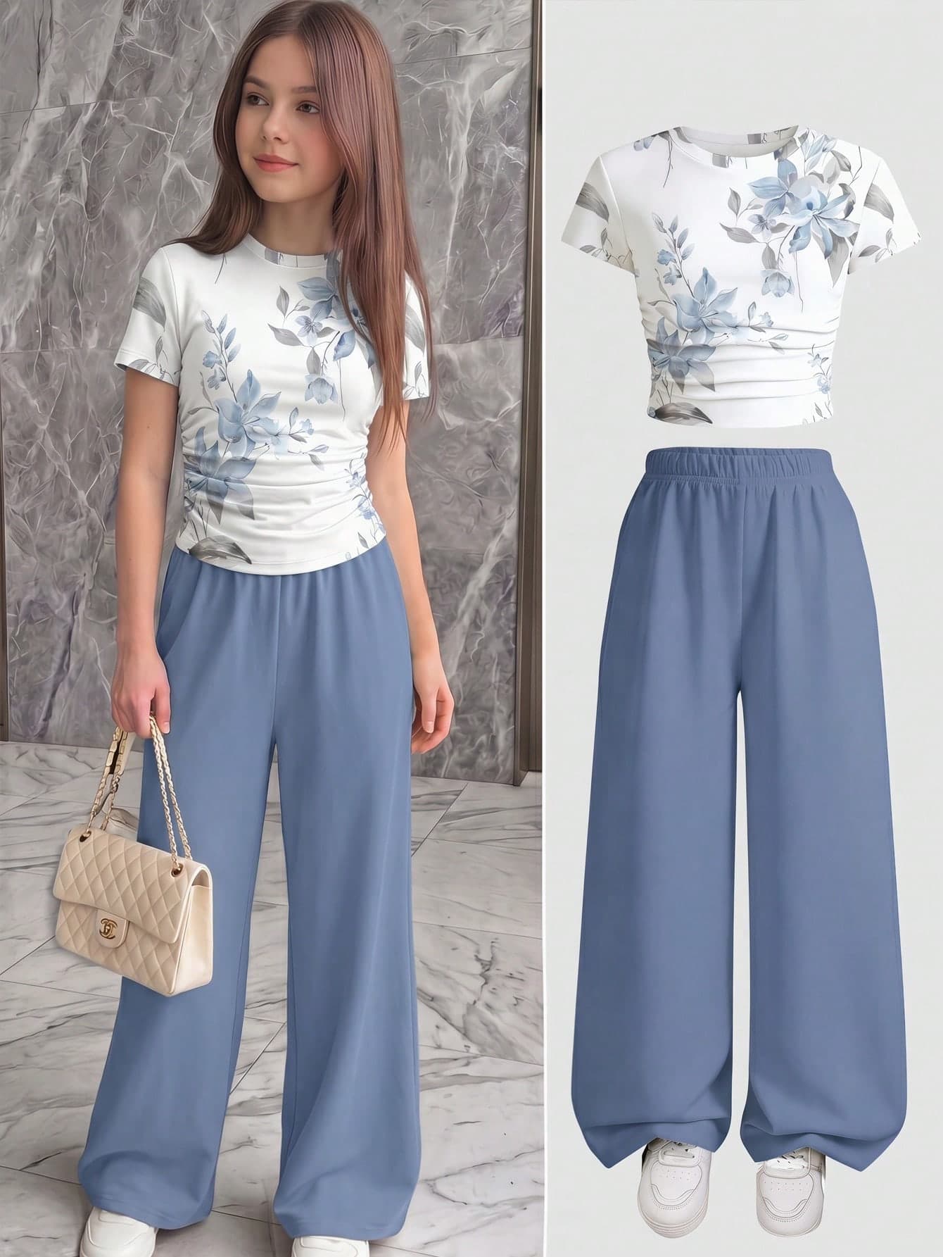 Tween Girl Floral Print Ruffle Crew Neck Short Sleeve T-Shirt And Solid Color Pants 2-Piece Casual Everyday Fashionable Matching Set