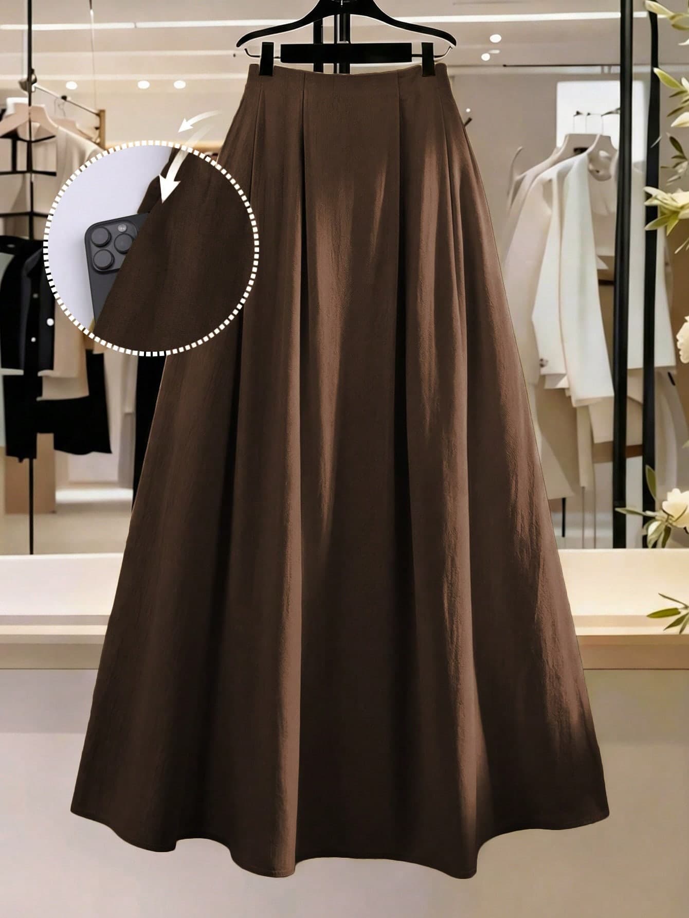 Franclia Plus Size Women's Brown High Waist Pleated A-Line Long Skirt,Elegant,Everyday,Summer French Retro Minimalist Style For Office,Commute,Boho