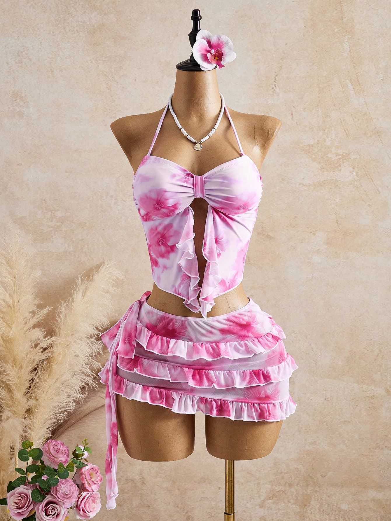 Bellisia Women's Pink Floral Tie-Dye Bikini Set,Summer Casual Holiday Vacation Swimwear,Ruched Bust Flounce Halter Split Tie Front Pool Party Beach Outfits