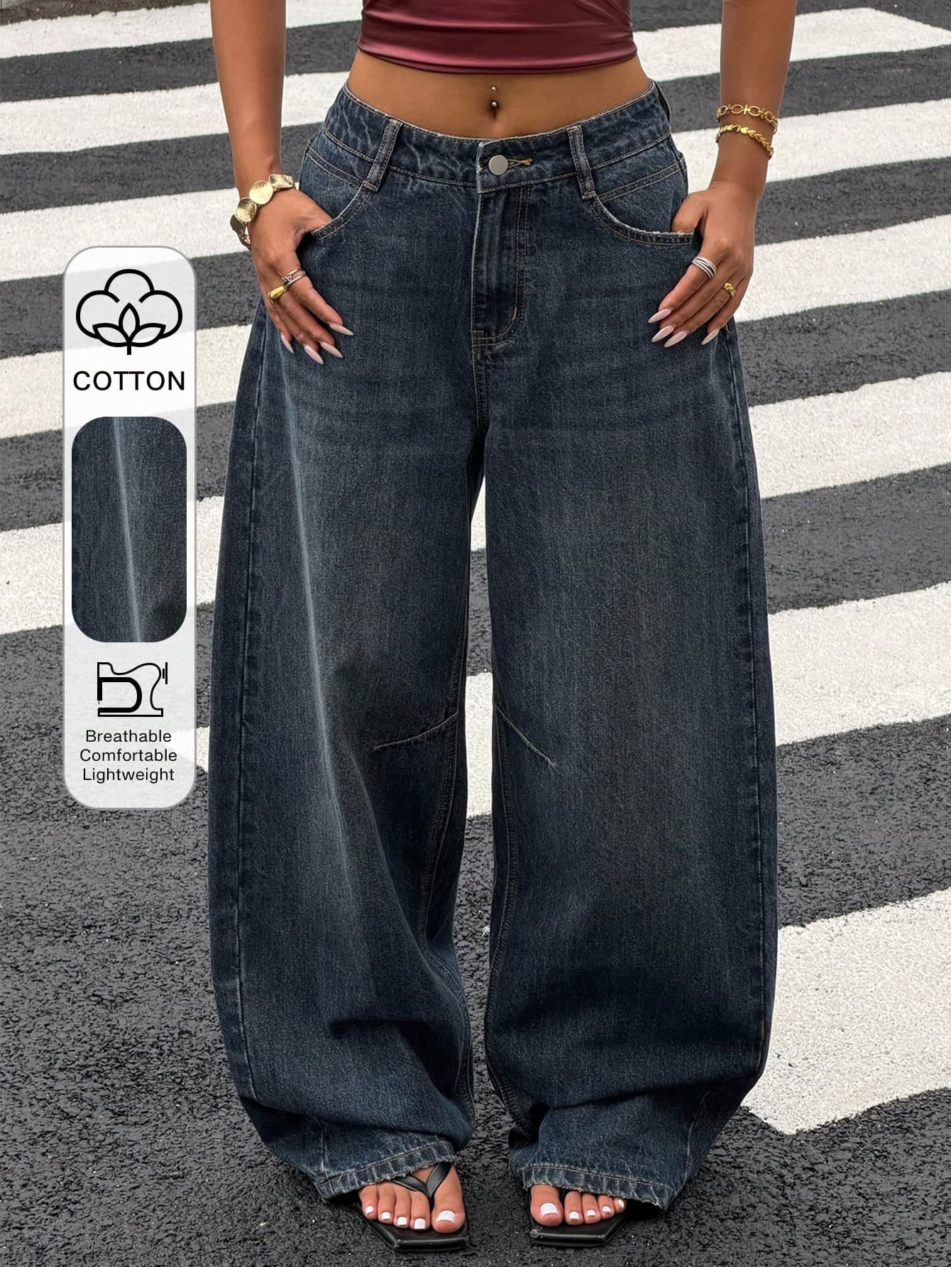 Livesso Cotton Balloon Jeans, Loose Street-Style Washed White Wide-Leg Women Jeans
