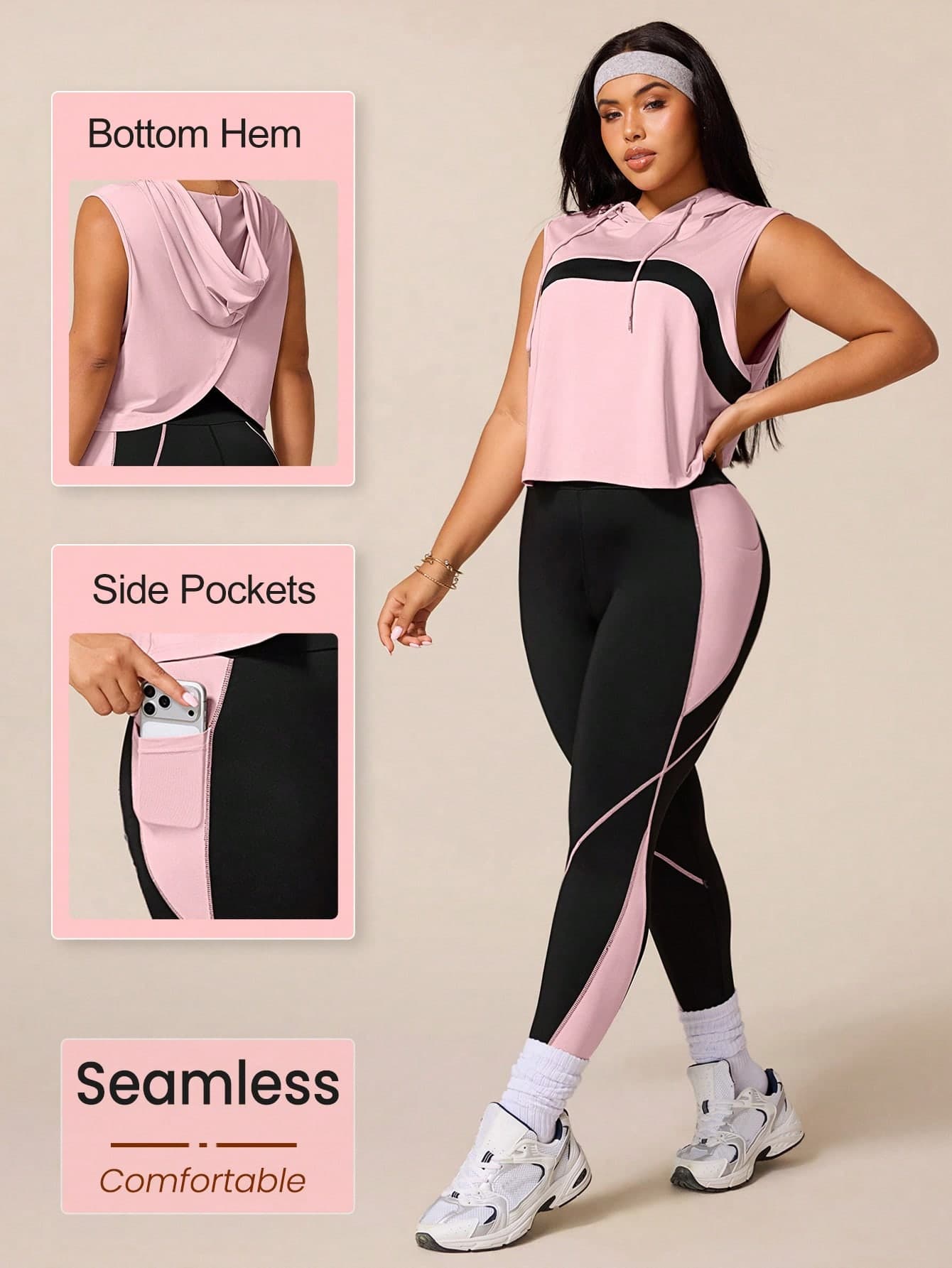SHEIN Rhythm Era Women's Black Summer Athletic Midsize Gym Plus Size Workout Sets,Drawstring Hooded Sleeveless Sweatshirt&Tight Contrast Color Leggings Active Wear