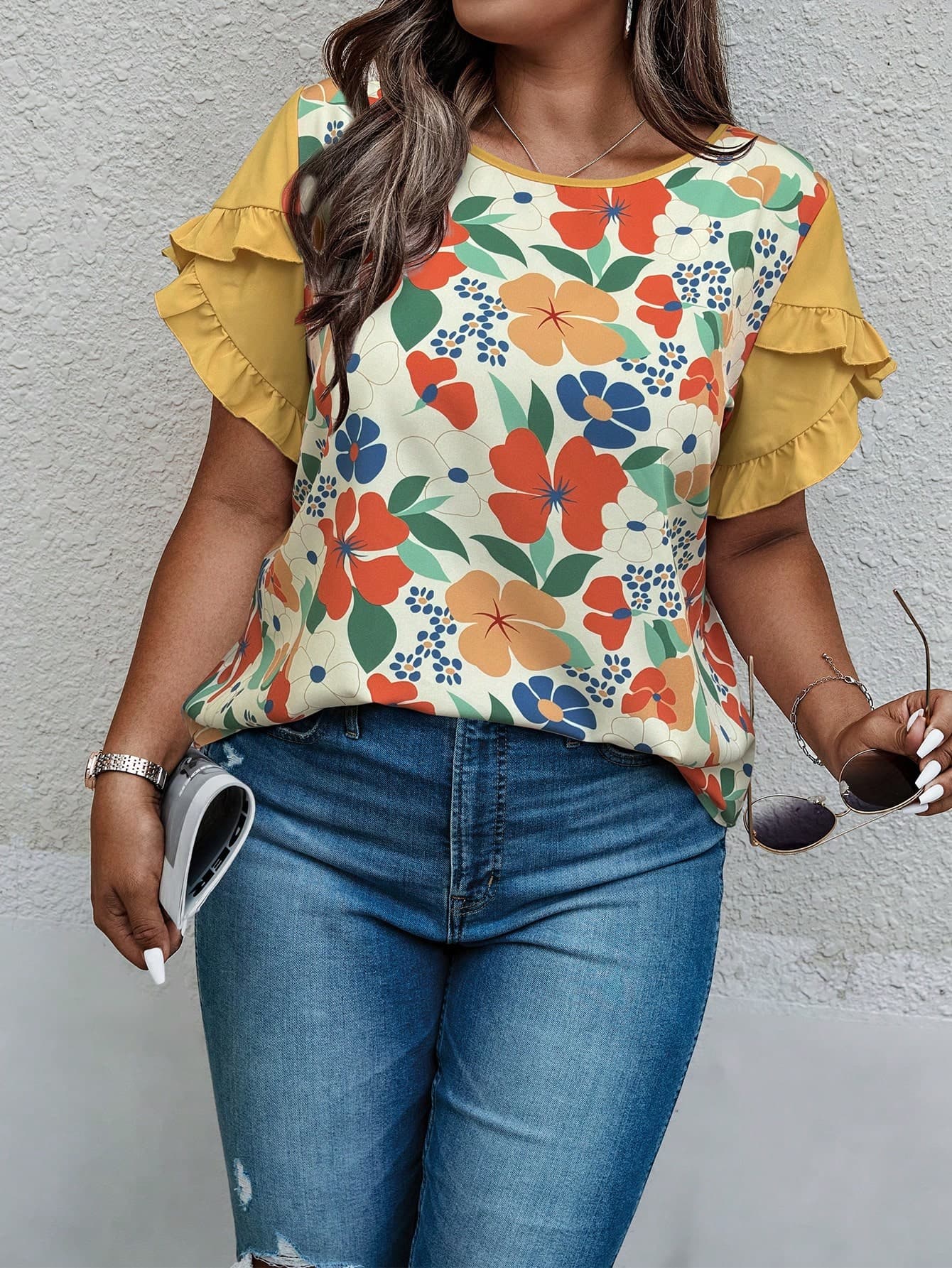 SHEIN LUNE Plus Size Women's Spring/Summer Floral Print Contrast Trim Petal Sleeve Casual Vacation Shirt