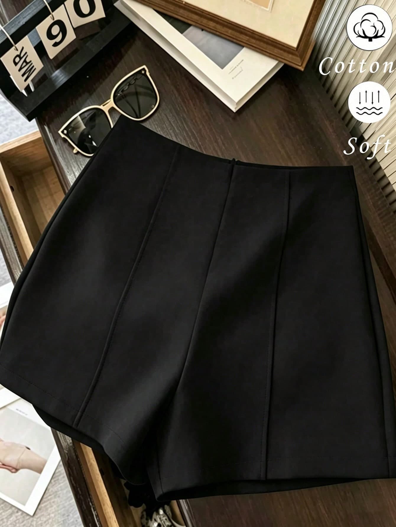 Franclia Women's High-Waisted Black Pleated Suit Shorts,Summer Basic Slim-Fit A-Line Wide-Leg Commuter Shorts,Versatile Vertical Casual Date Workplace Shorts