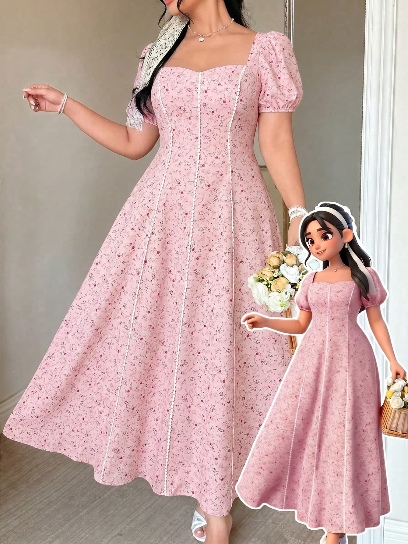FleurLily Elegant Pink Floral Summer Dress,Square Neck Puff Sleeve Waist Cinching Ruffle Hem Flattering A-Line Silhouette,Versatile Curve Garden Party Dress