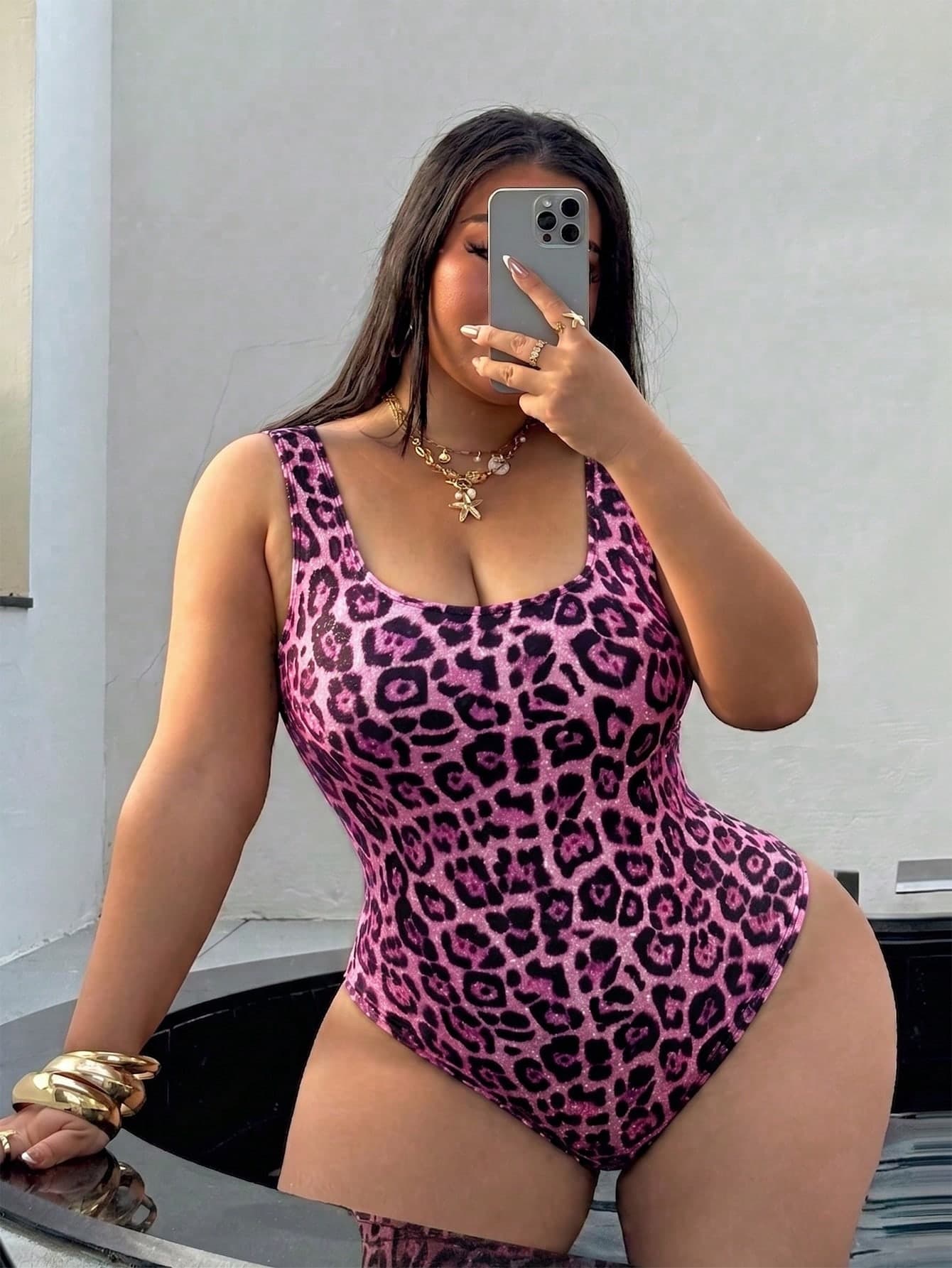 Swim SXY Plus Size One-Piece Swimsuit, Summer Beach Vacation Leopard Print Backless One-Piece Swimsuit Swimwear