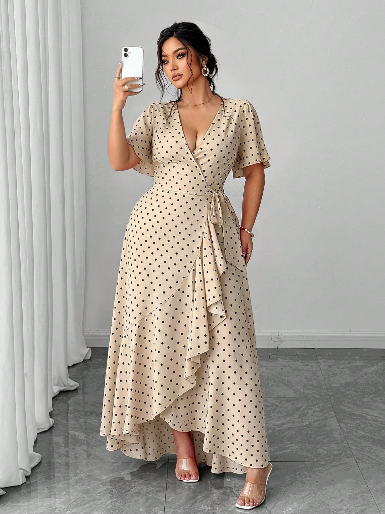 SHEIN Unity Plus Size Polka Dot Wrap Dress With Tie Waist, Ruffle Hem And Side Slit