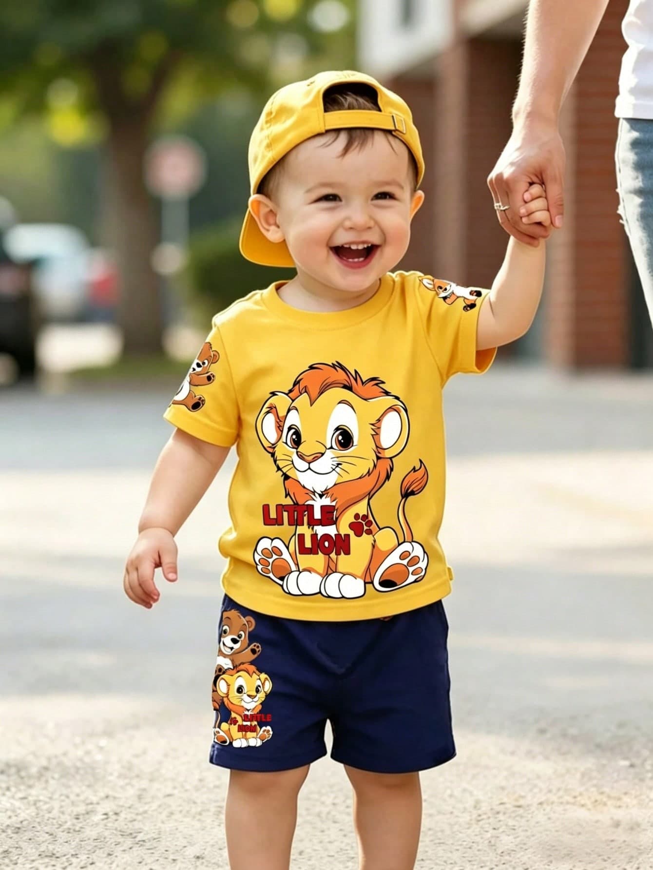SHEIN Playful Pals 2pcs/Set Baby Boy New SS26 Comfortable Casual Cute Cartoon Animal Lion & Bear Print Yellow Short Sleeve Top And Adorable & Shorts Set
