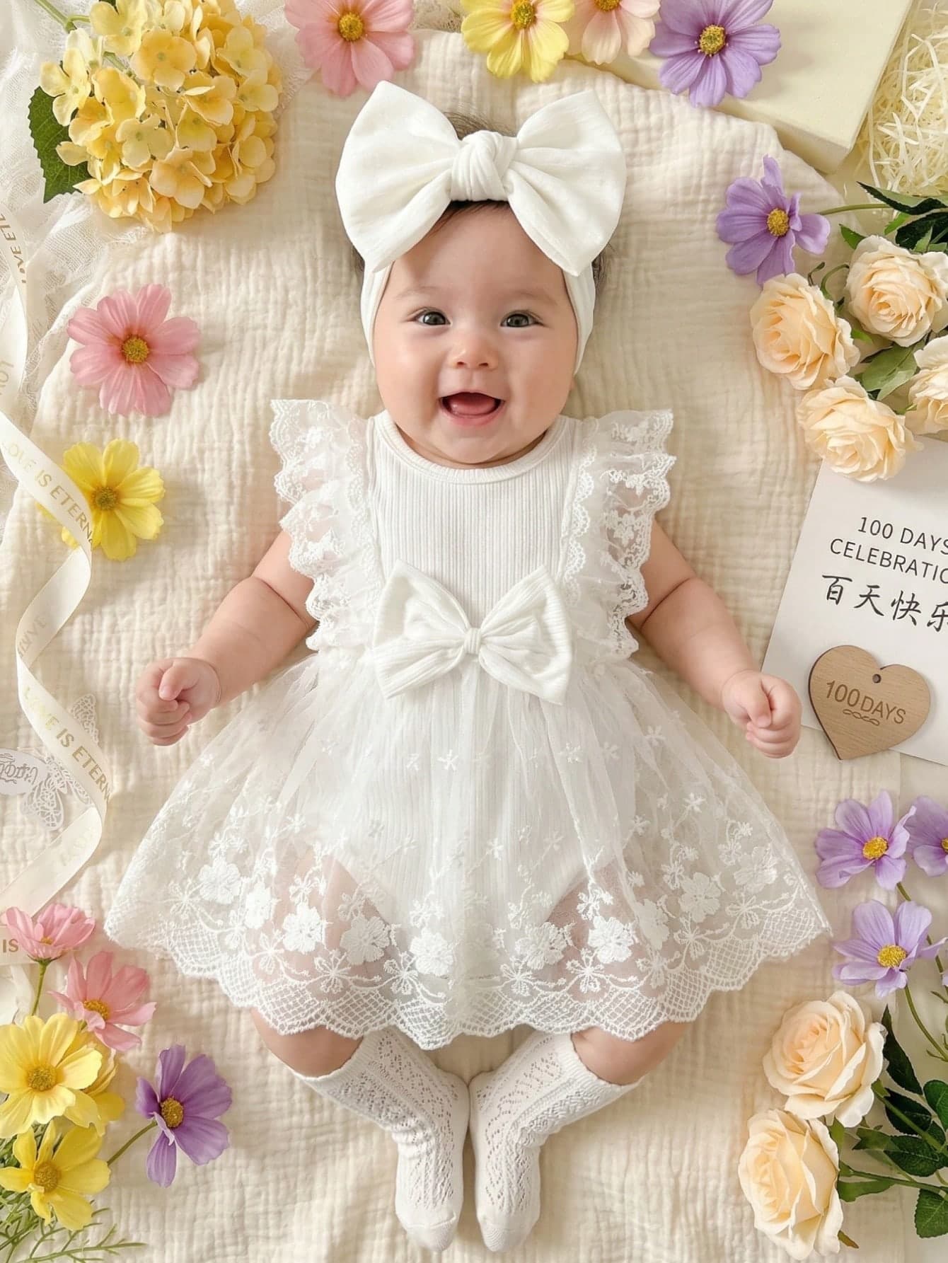SHEIN Newborn Baby Girls Summer All White Sweet Princess Lace Bow Floral Embroidery Sleeveless Romper Dress Cute Elegant Christening Baptism Dress Outfit