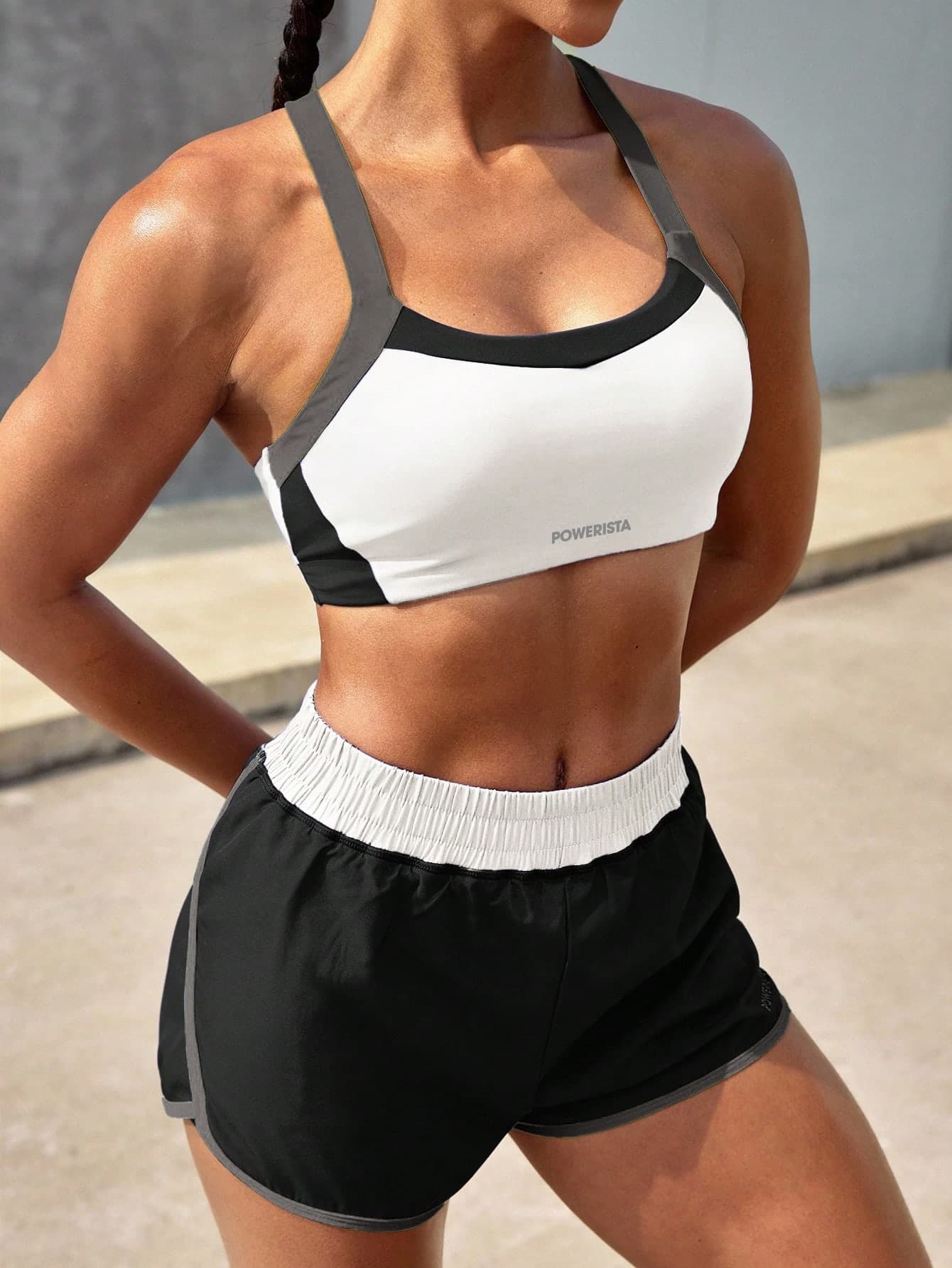 Powerista Women's Letter Print Contrast Color Cropped Cami Top And Shorts Sport Suit Workout Women Sets