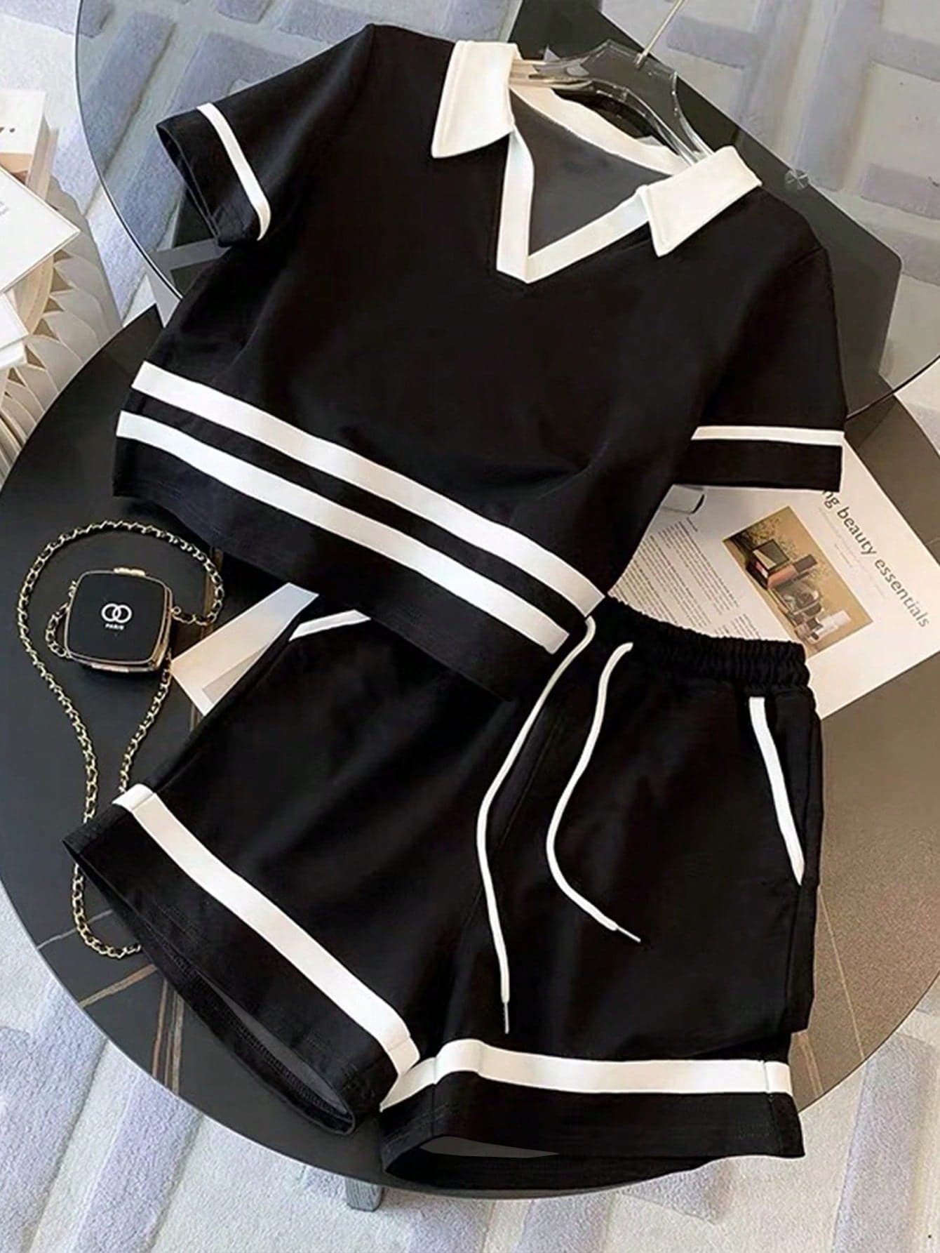 Franclia Polo Collar Raglan Short Sleeve Top + Casual Shorts Set