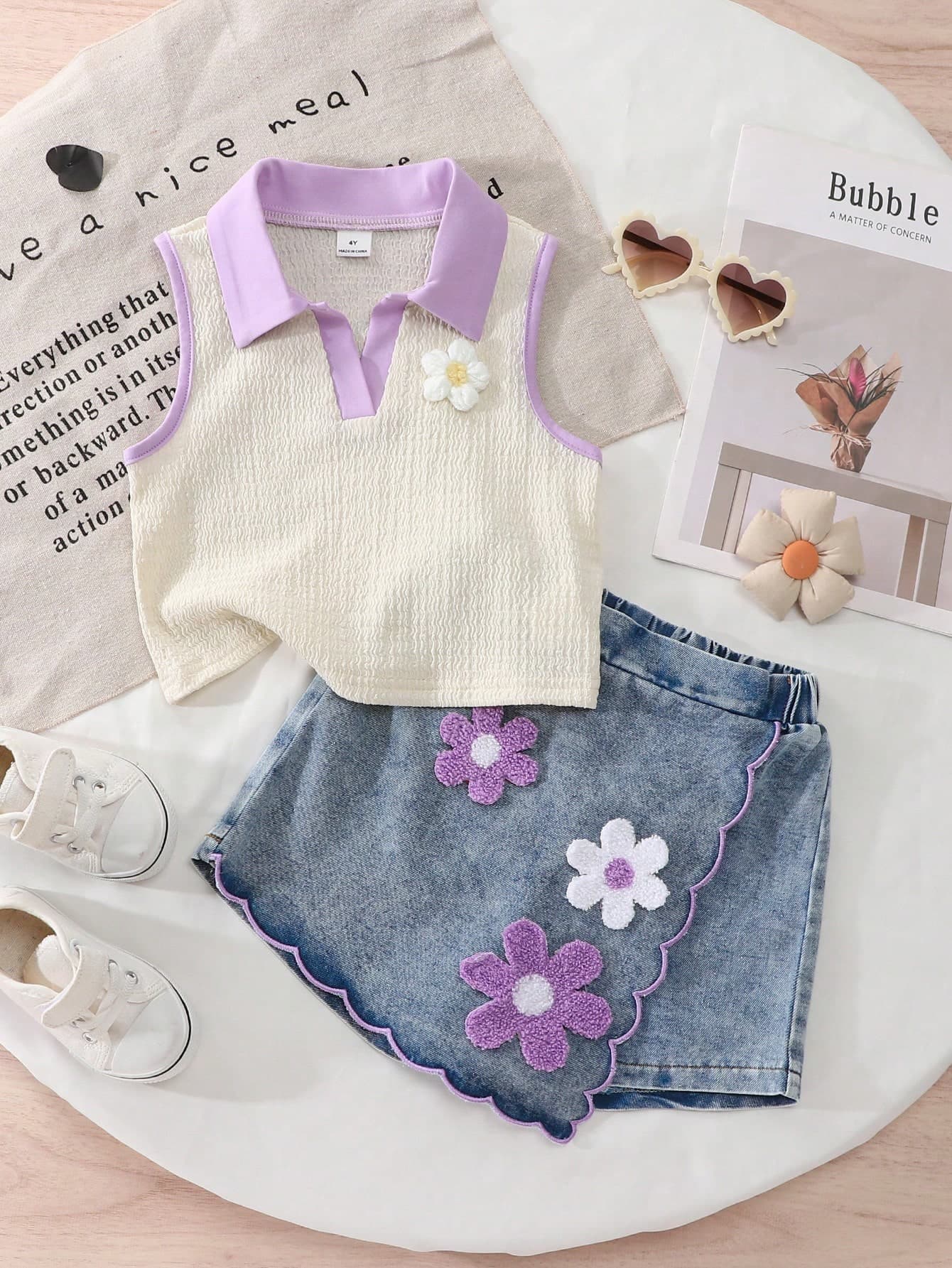 Souflis Souflis Summer New 2-Piece Set For Young Girl Aged 4-7,Short Sleeve Polo Shirt And Embroidered Denim Shorts,Fashionable Casual Outfit For School,Vacation