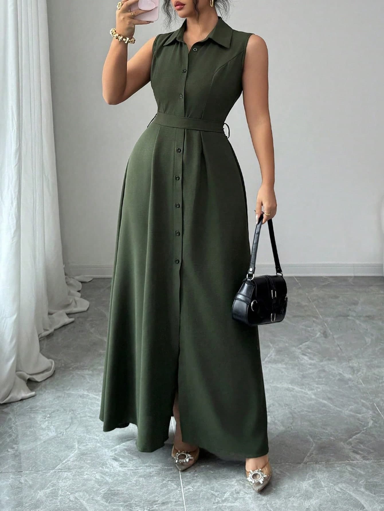 Elenzga Plus Size Women's Elegant Romantic Sleeveless Cinched Waist Flowy A-Line Dress, Suitable For Summer Vacation