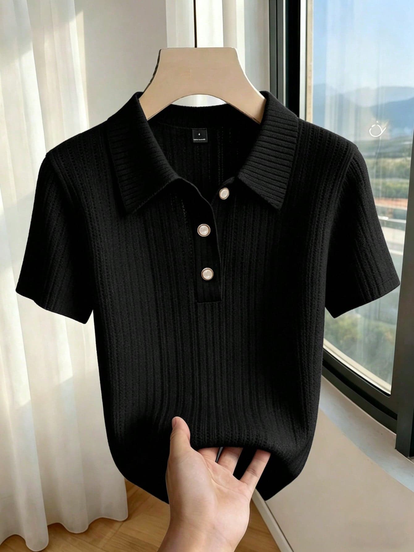 GlowEve Women's Black High Elastic Ribbed Knit Polo T-Shirt,Pearl Button Short Sleeve Summer Casual Elegant Everyday Turndown Collar Versatile Commute Top