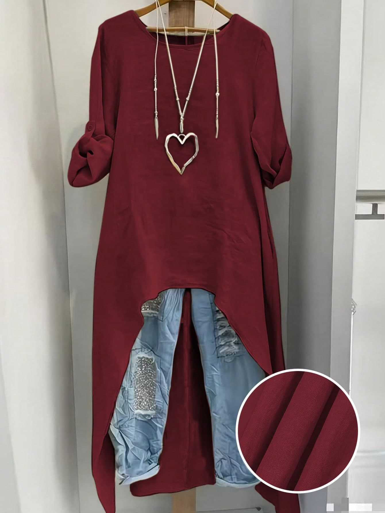 EMERY ROSE Plus Size Women Summer Shirt,Burgundy,Autumn,Boho,Hiking Casual Minimalist Resort Wear Round Neck Adjustable Long Sleeve Long Beachwear Shirt Fall