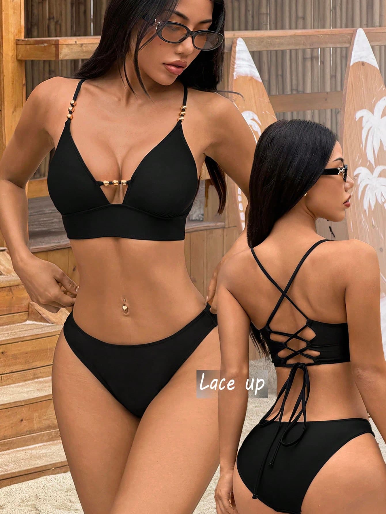 Swim Vcay Women's Sexy Solid Black Criss-Cross Back Design Casual Bikini Set With Shiny Golden Pearl Decor, Spring/Summer