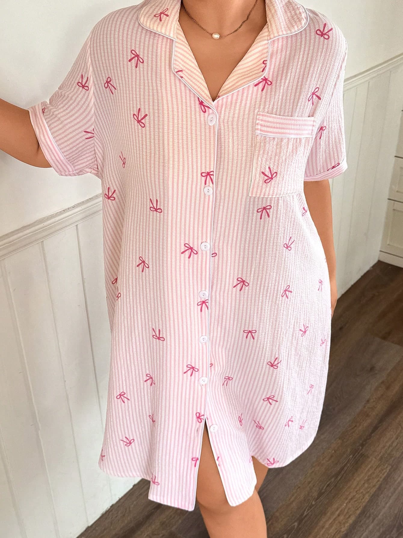 Napfluff CURVE Napfluff CURVE Textured Pink Striped Bow Tie Cardigan Short Sleeve Plus Size Women Nightgown