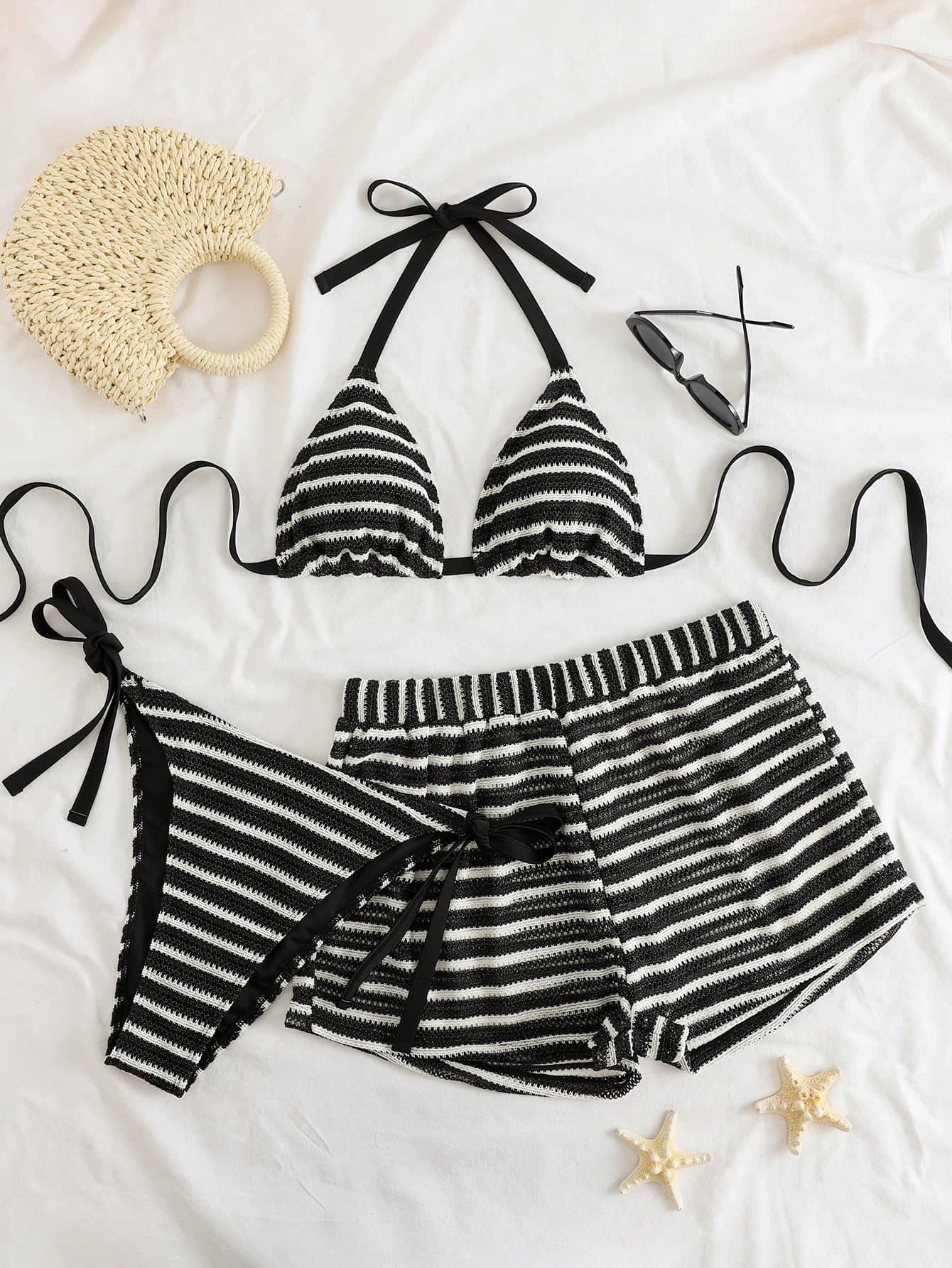 SHEIN Swim Curve Plus Size Women 3-Piece Swimwear Set, Colorful Striped Halter Tankini Top With Bottoms And Cover Up Pants, Sexy Beach Vacation Swimwear