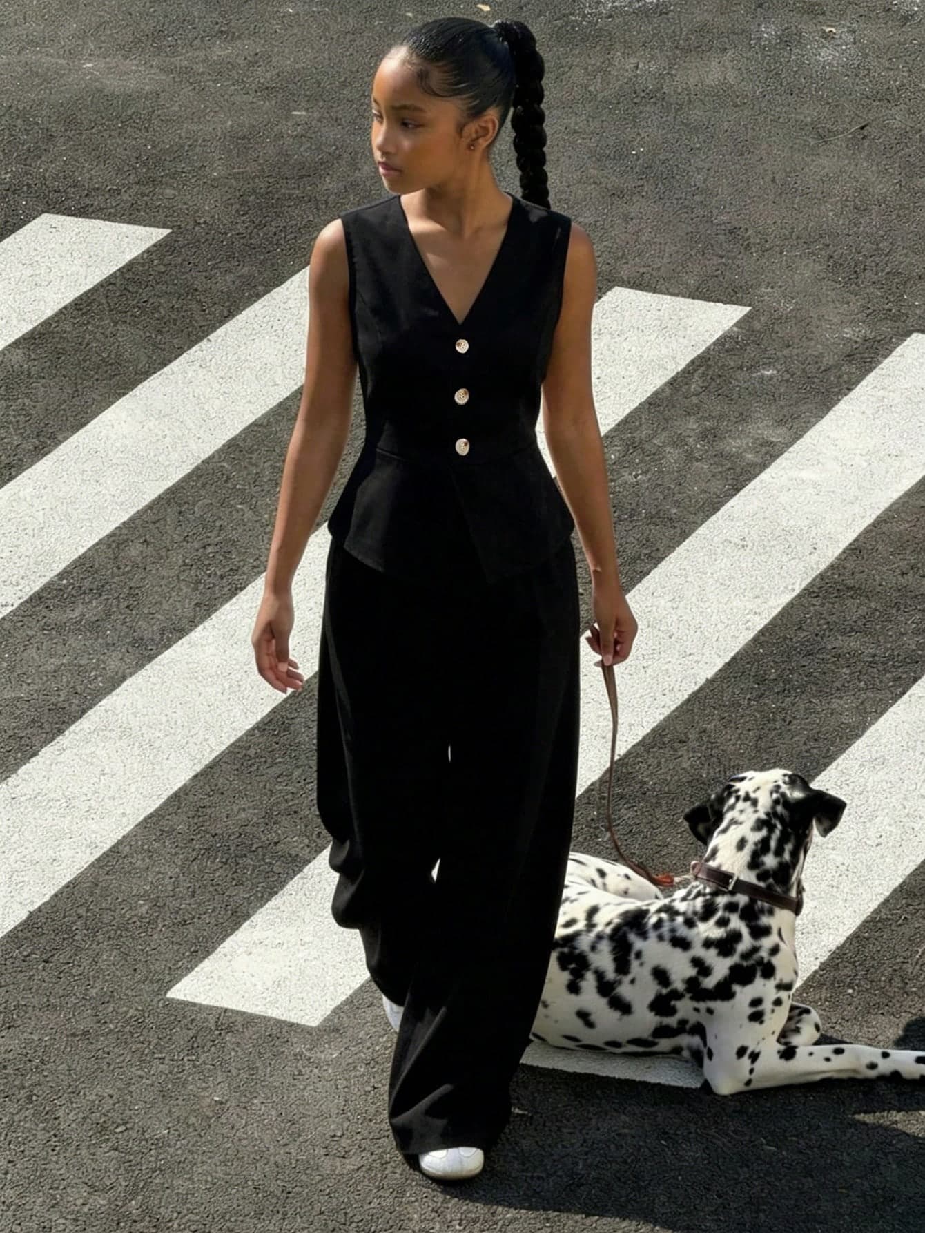 SHEIN Teen Girl's Spring/Summer Elegant Commute School Formal Open-Front Sleeveless Suit Vest + Loose Straight-Leg Trousers Woven Solid Color Suit