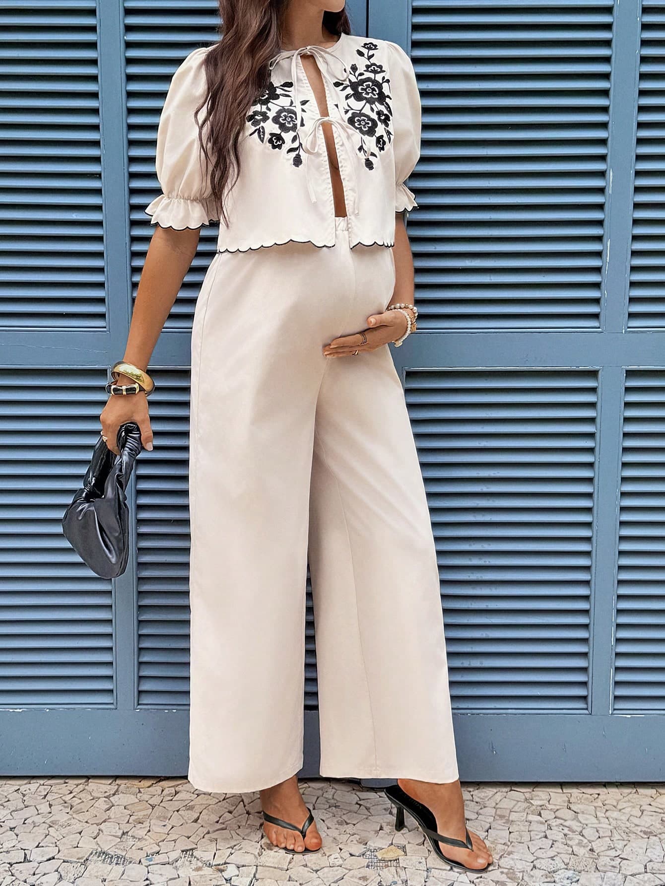 SHEIN 2pcs Maternity Floral Embroidery Tie Front Shirt And Wide Leg Pants Set, Vacation