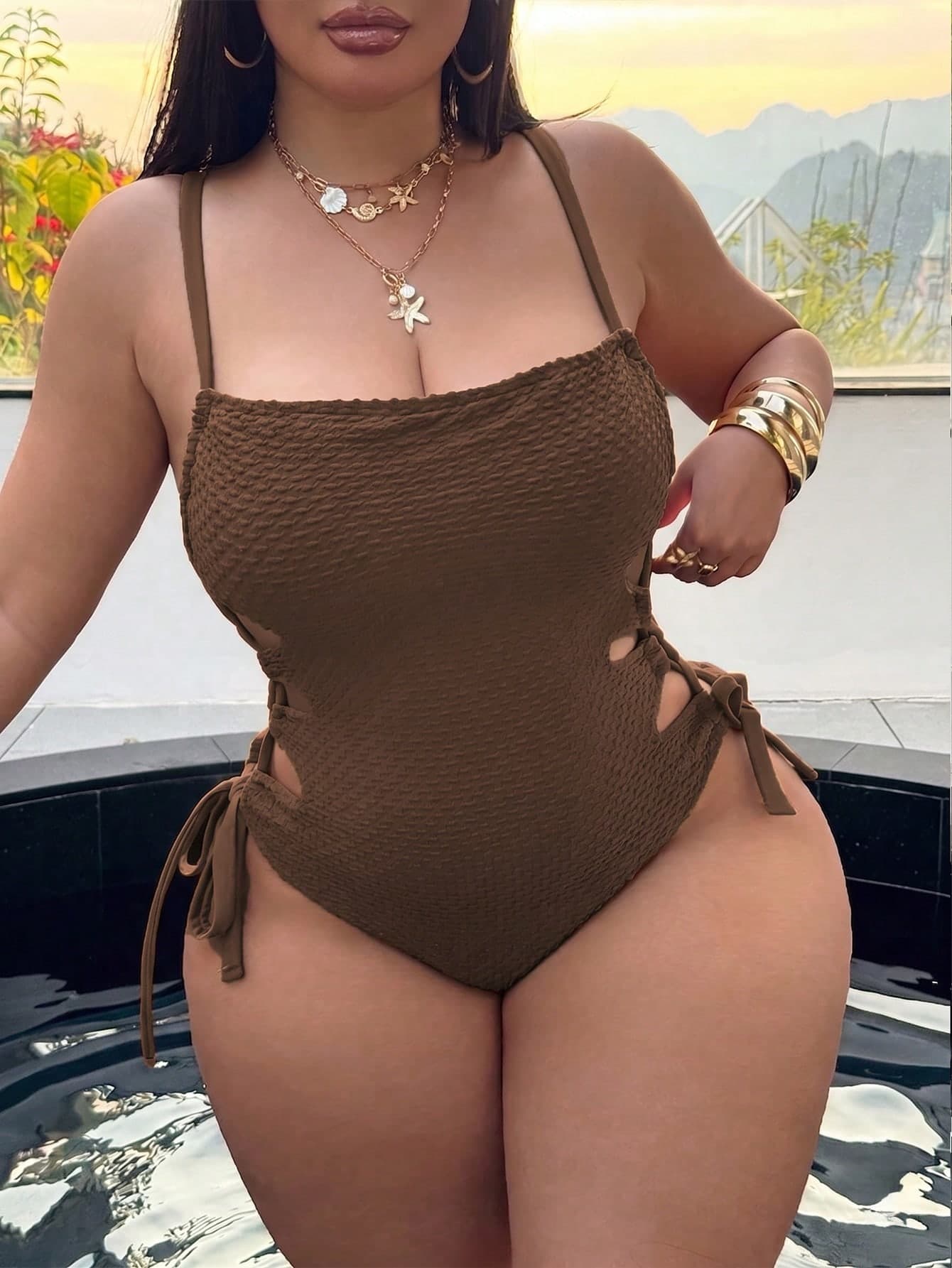 Swim SXY Plus Size One-Piece Swimsuit 2026, Summer Beach Hollow Out Drawstring Side Spaghetti Strap Sexy One-Piece Swimsuit Swimwear