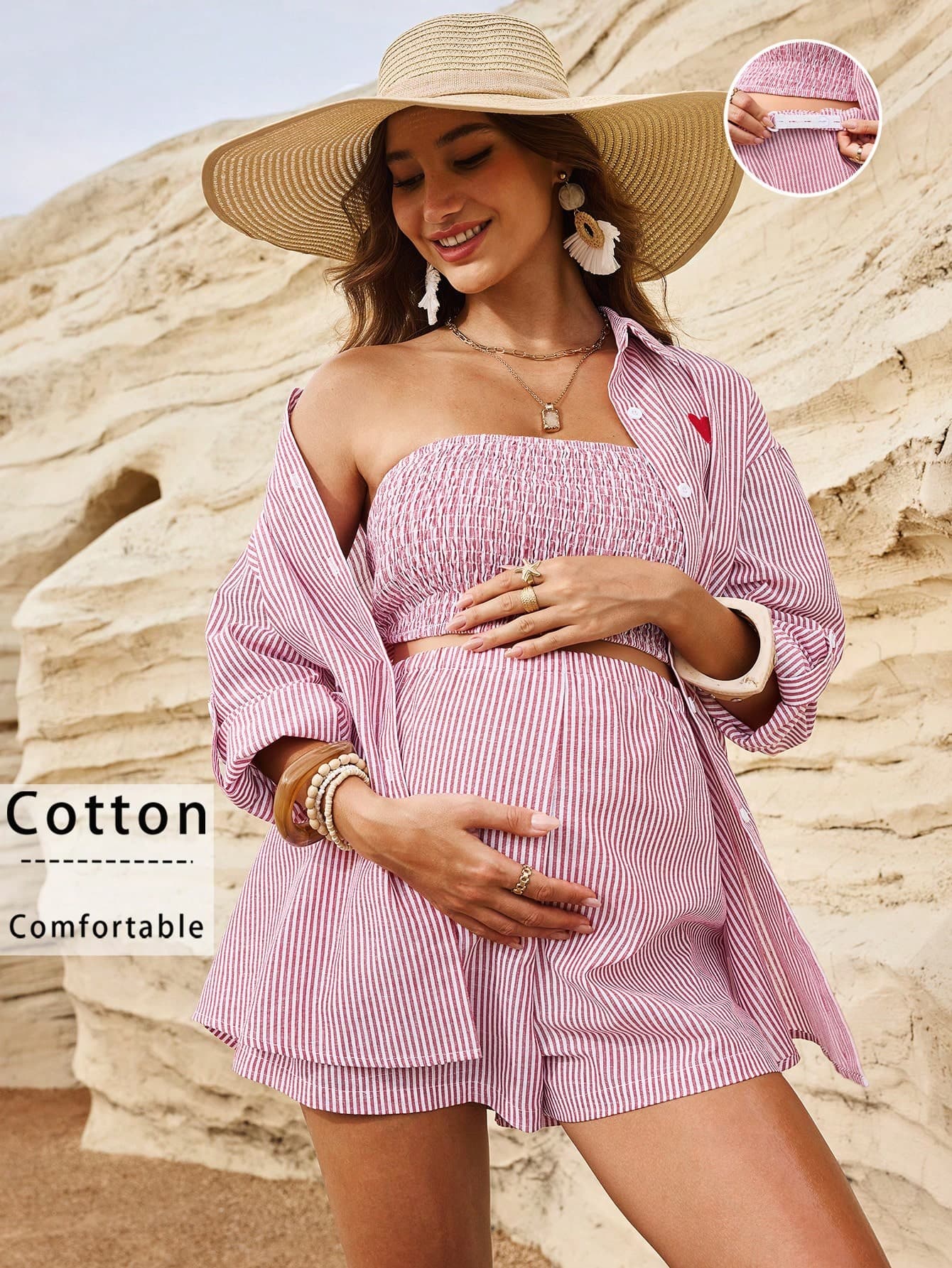 Boho Mama Pink And Blue Autumn Outfits,Maternity Cotton Set,Boho Heart Embroidery Long Sleeve Shirt,Tube Top Adjustable Shorts,Beach Holiday Resort Style