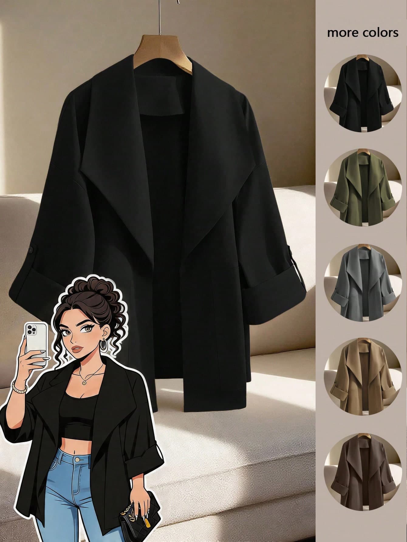 GlowEve CURVE Plus Size Women's Solid Color Lapel Casual Windbreaker Jacket Fall