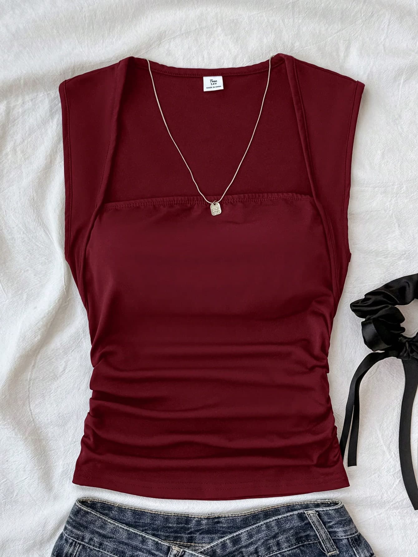 SHEIN Teen Girls T-Shirts Summer Solid Ruched Side Tank Top