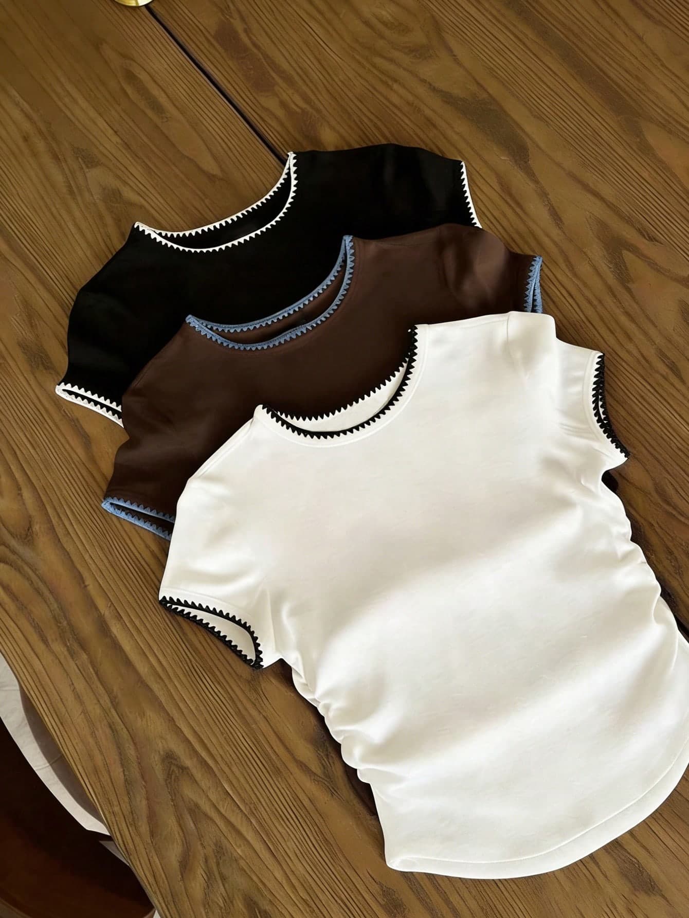 3pcs Tween Girl Contrast Color Shell Embroidered Slim Fit Pleated Waist Short Sleeve T-Shirts,Summer,White,Basics,School,Back-To-School,Casual Tees