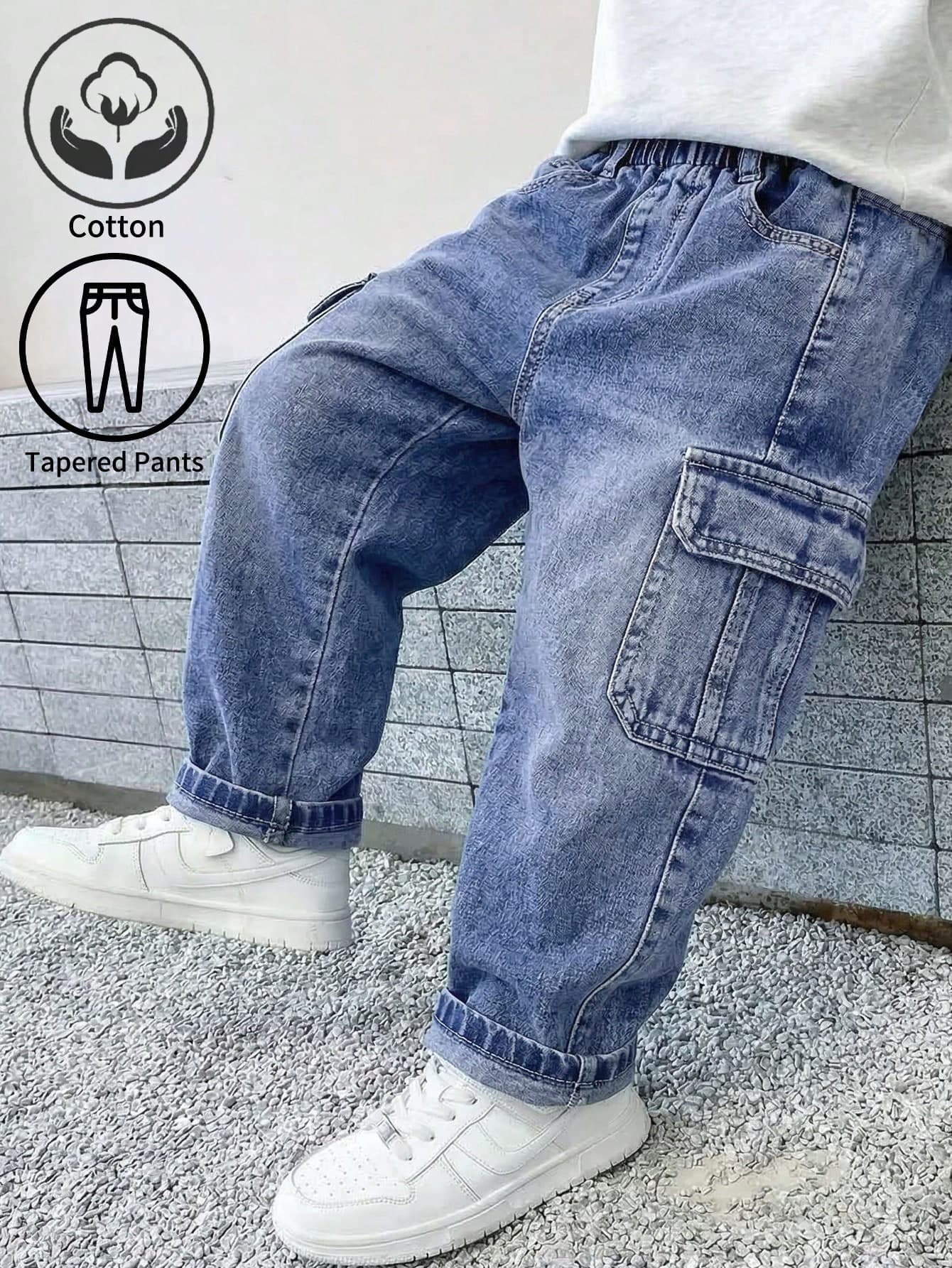 Genkimix Kids Young Boys Cargo Denim Pants,Washed Blue Tapered Leg Cotton Jeans With 3D Large Pockets,Winter,Career Day,Back-To-School Casual Daily Outdoor Pants