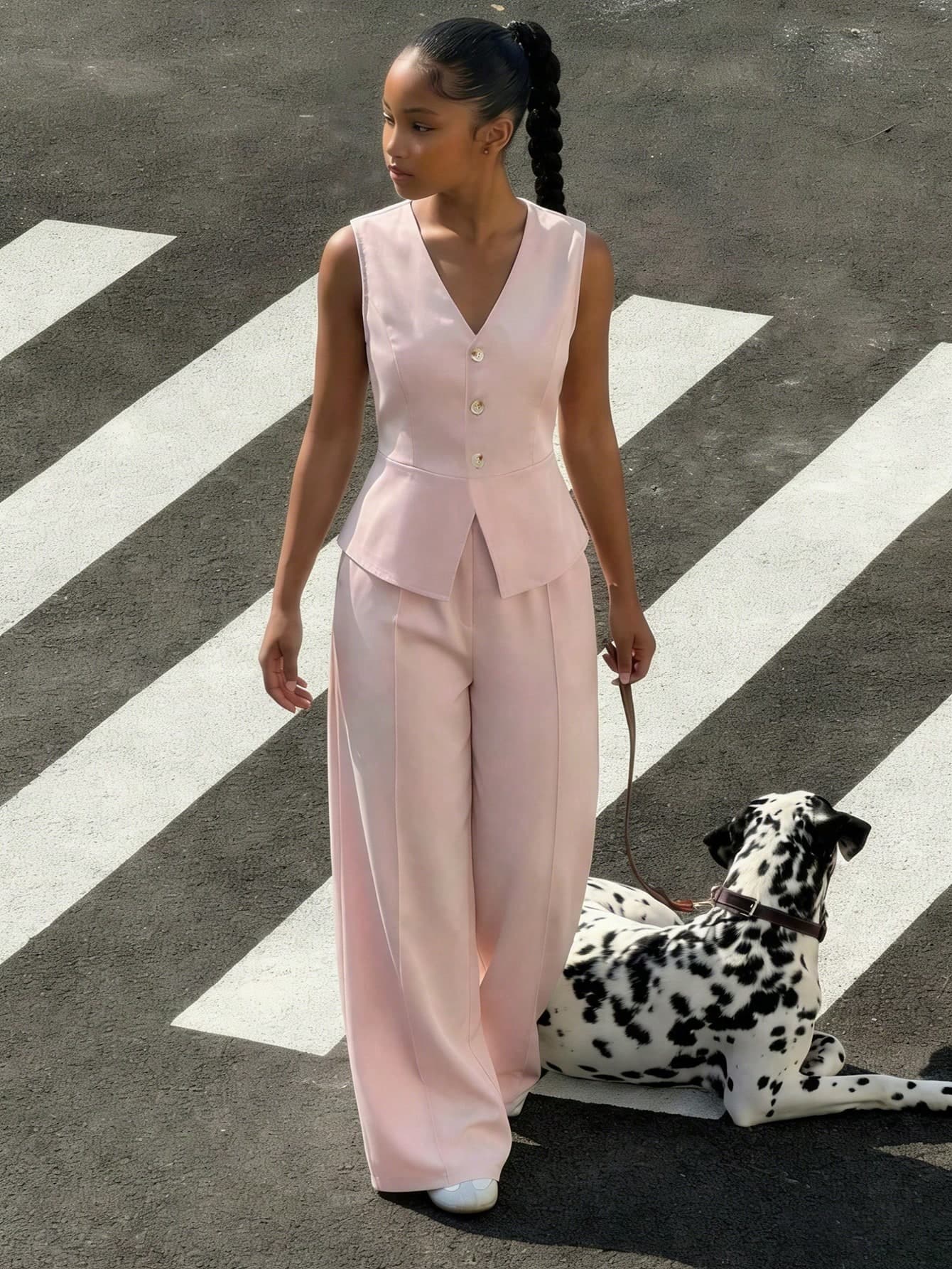 Teen Girl's Spring/Summer Elegant Commute School Formal Open-Front Sleeveless Suit Vest + Loose Straight-Leg Trousers Woven Solid Color Suit