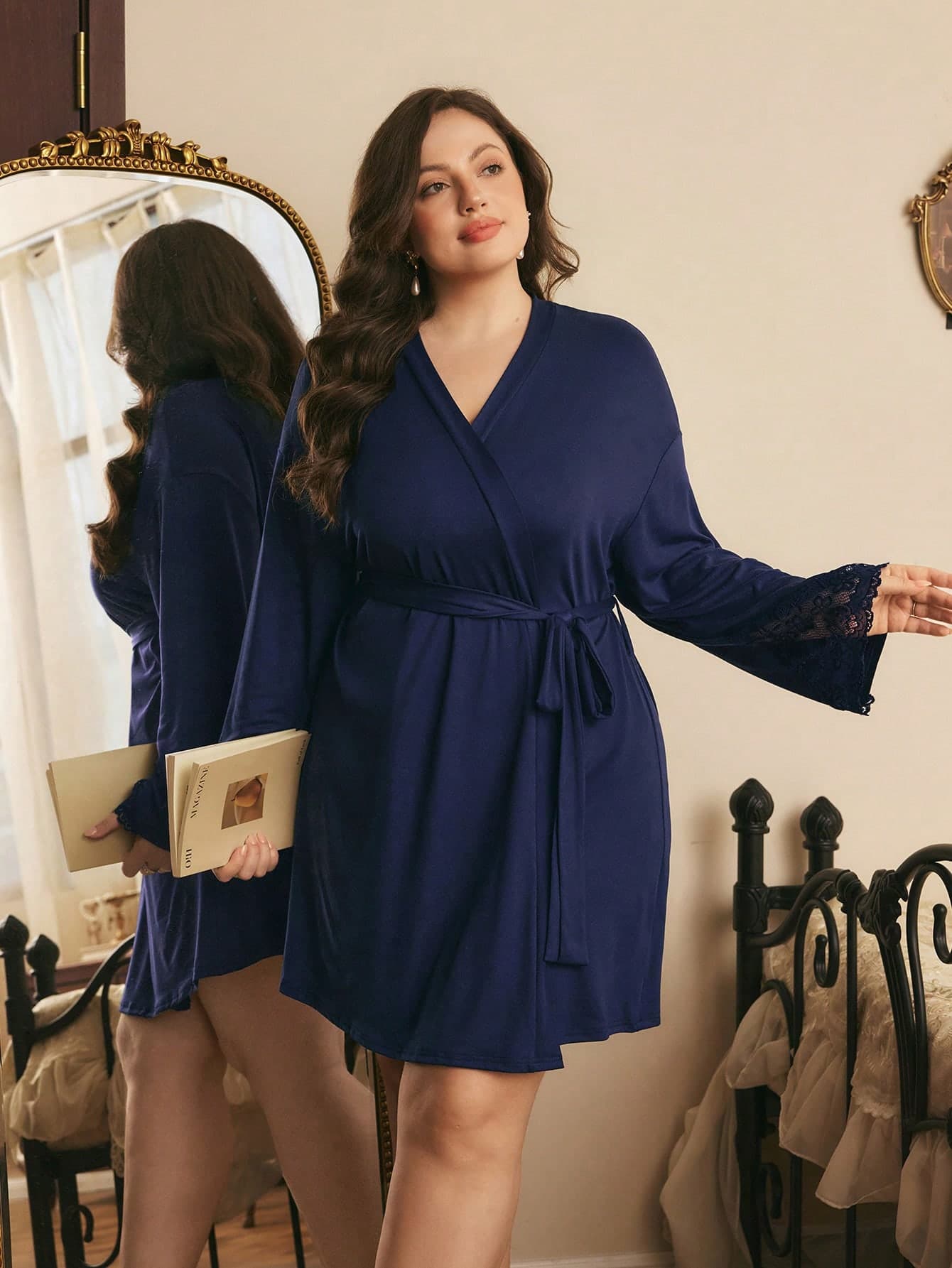 Côtesoire Plus Size Lace Patchwork Casual Robe Sleepwear
