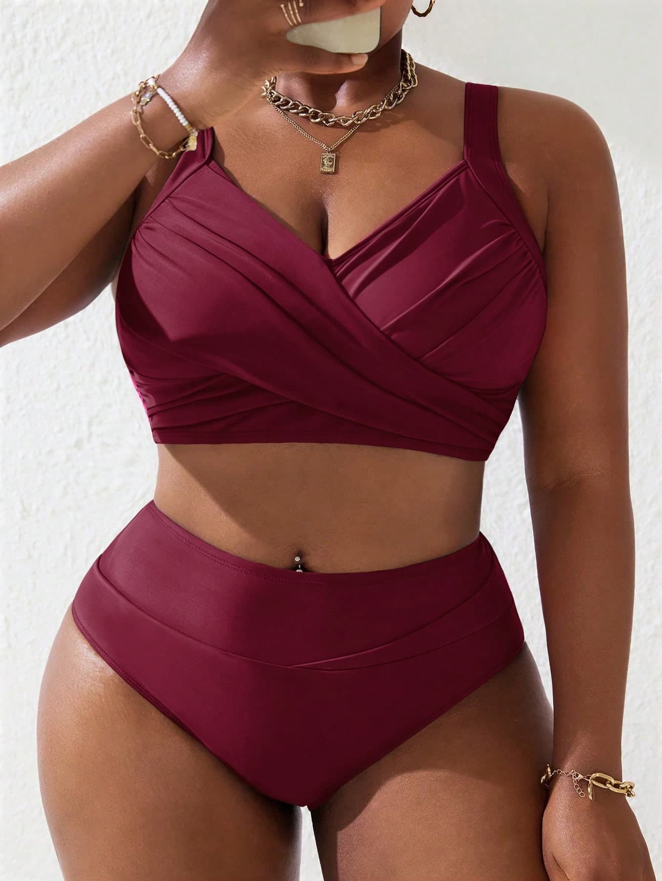 Slaydiva Plus Size Women 2pcs Black Pink Splice Ruched Tankini Swimwear Set, Summer Beach Beach Vacation Holiday Sexy