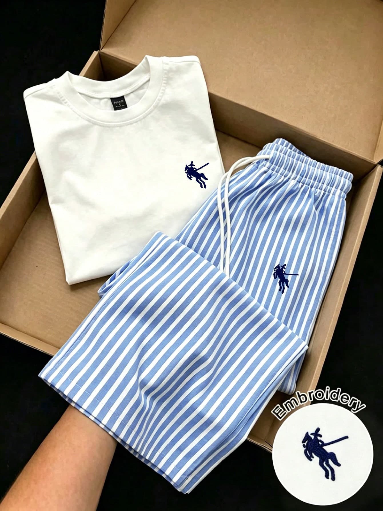 GlowEve Women's Summer Casual Everyday 2 Pieces Set,Embroidered Round Neck Short Sleeve Tight T-Shirt And Blue White Stripe Elastic Drawstring Straight Pants