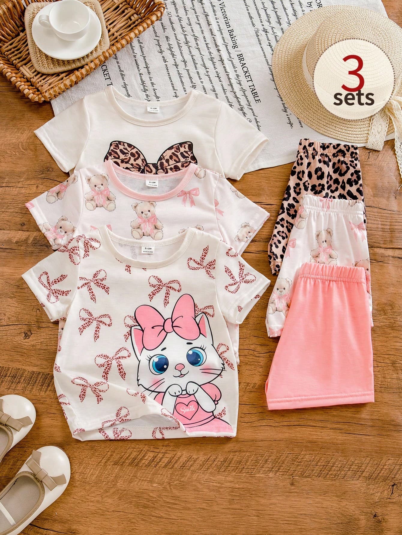 SHEIN 6pcs/Set Baby Girls Toddler Newborn 0-3Y Spring Summer New Cute Bunny Solid & Striped T-Shirt Shorts Outfit Set