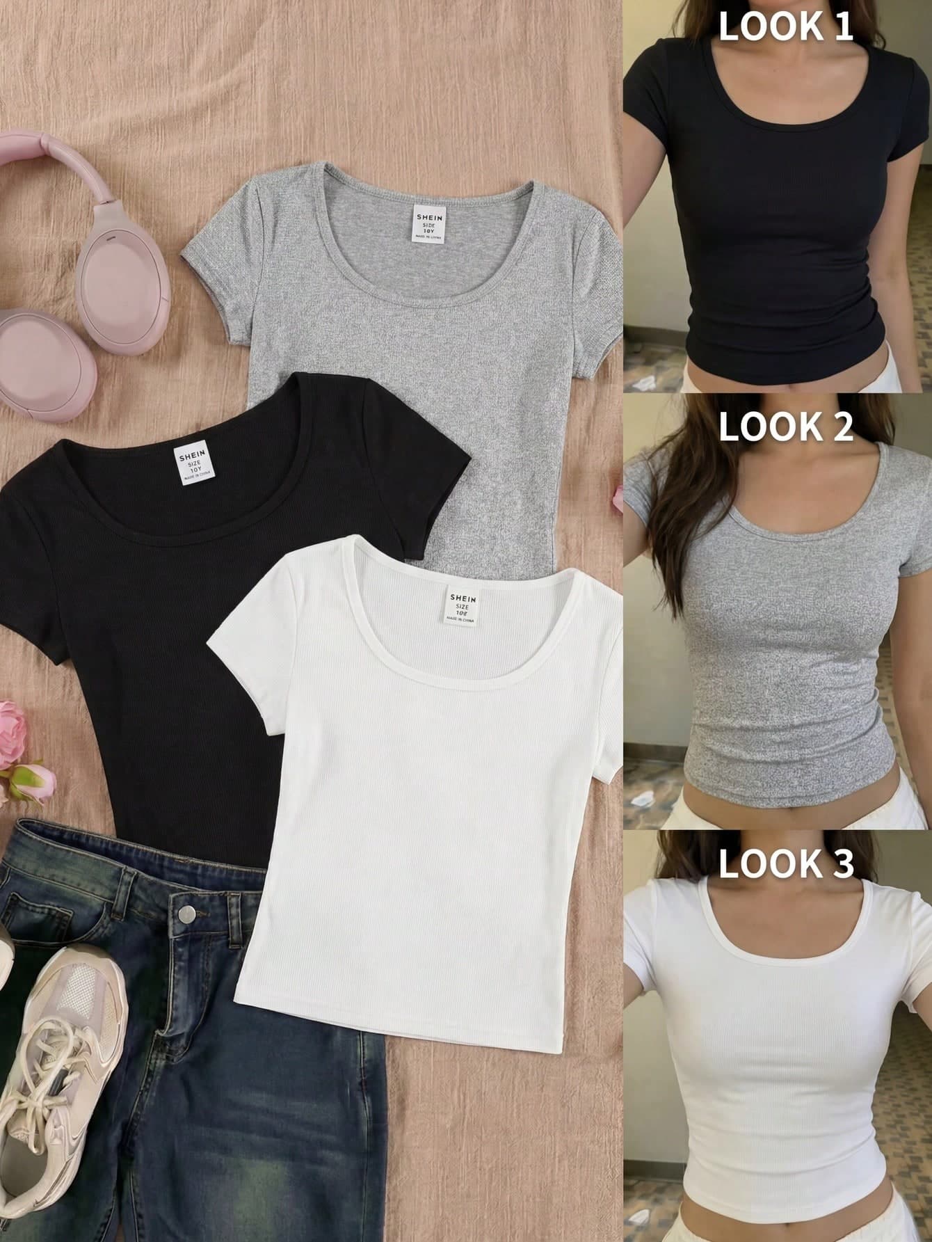 SHEIN 2pcs/Set Tween Girls' Square Neck Short Sleeve Tee