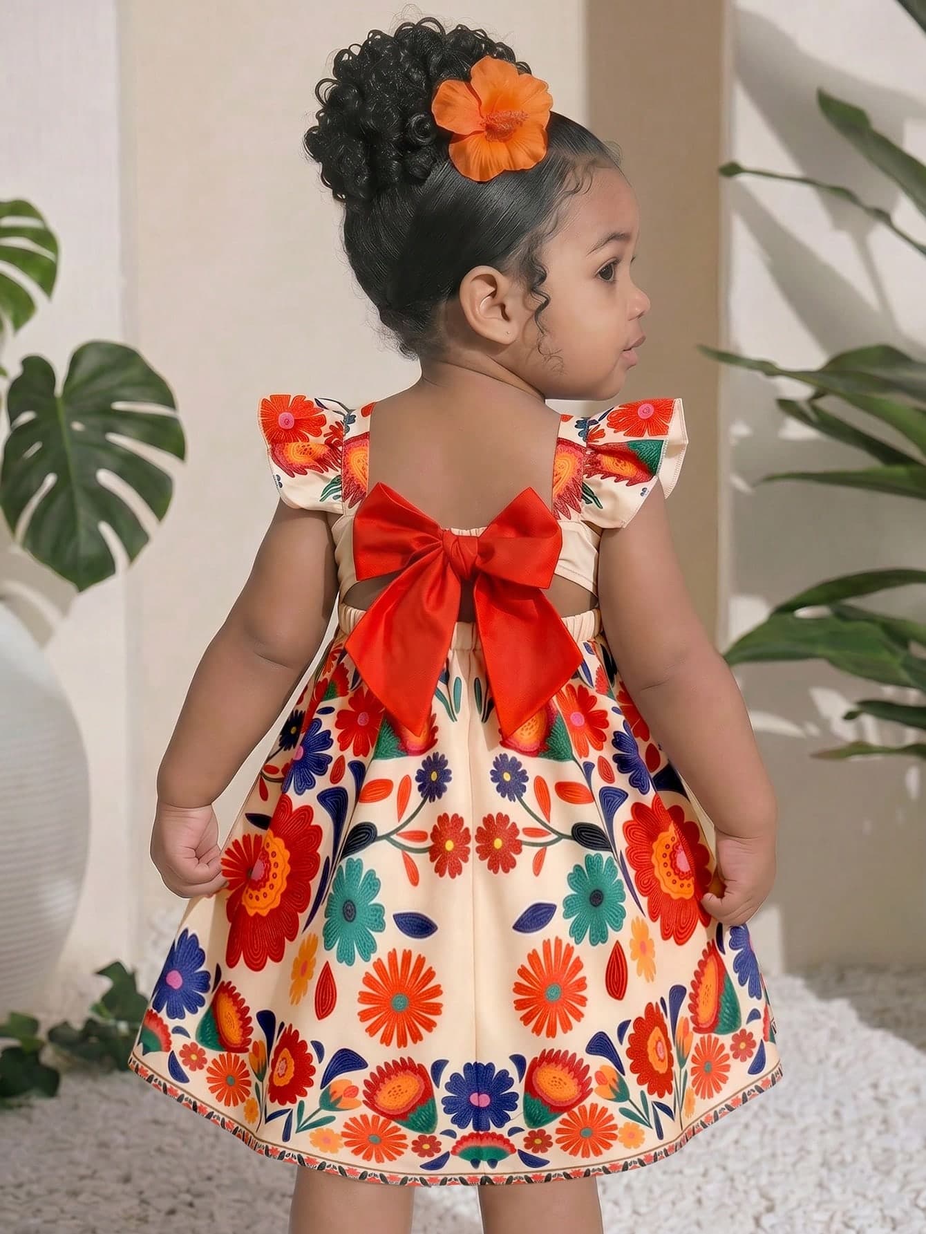 SHEIN Baby Girl Woven Floral Contrast Color Bow Ruffle Hem Casual Dress