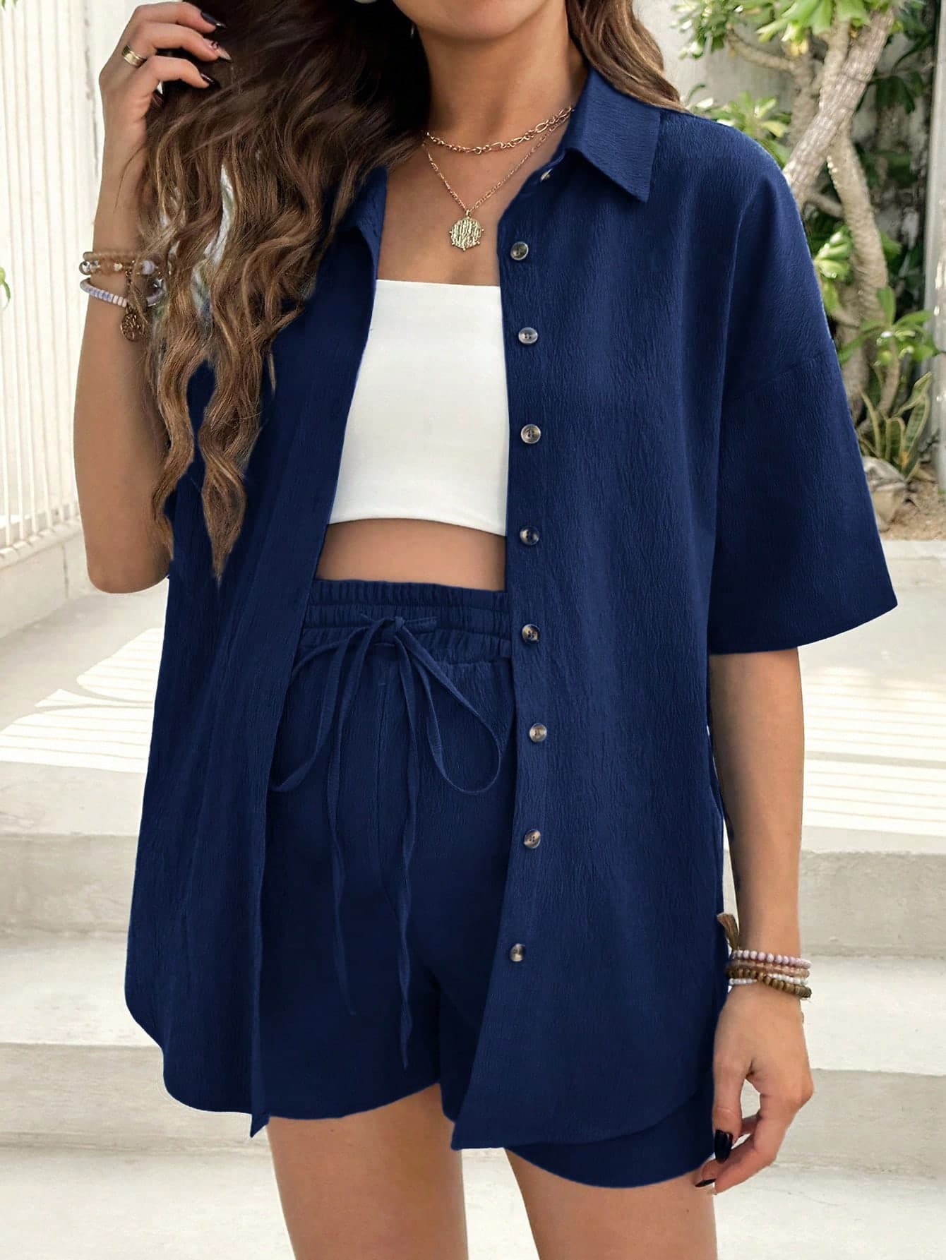 SHEIN 2pcs Women's Navy Blue Crinkle Fabric Collared Short Sleeve Shirt And High Waist Drawstring Shorts Casual Summer Set,Beach Maternity Holiday Outfits