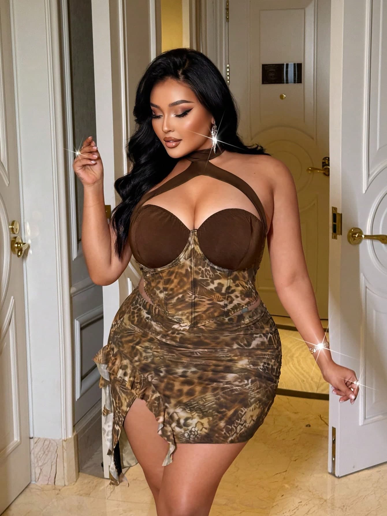 NU&NOW Plus Size Women's Leopard Print Bodysuit Dress,Brown,Summer,70's,Night Out Club,Party,Off-Shoulder Sheer Mesh Patchwork Fitted Holiday Outfit