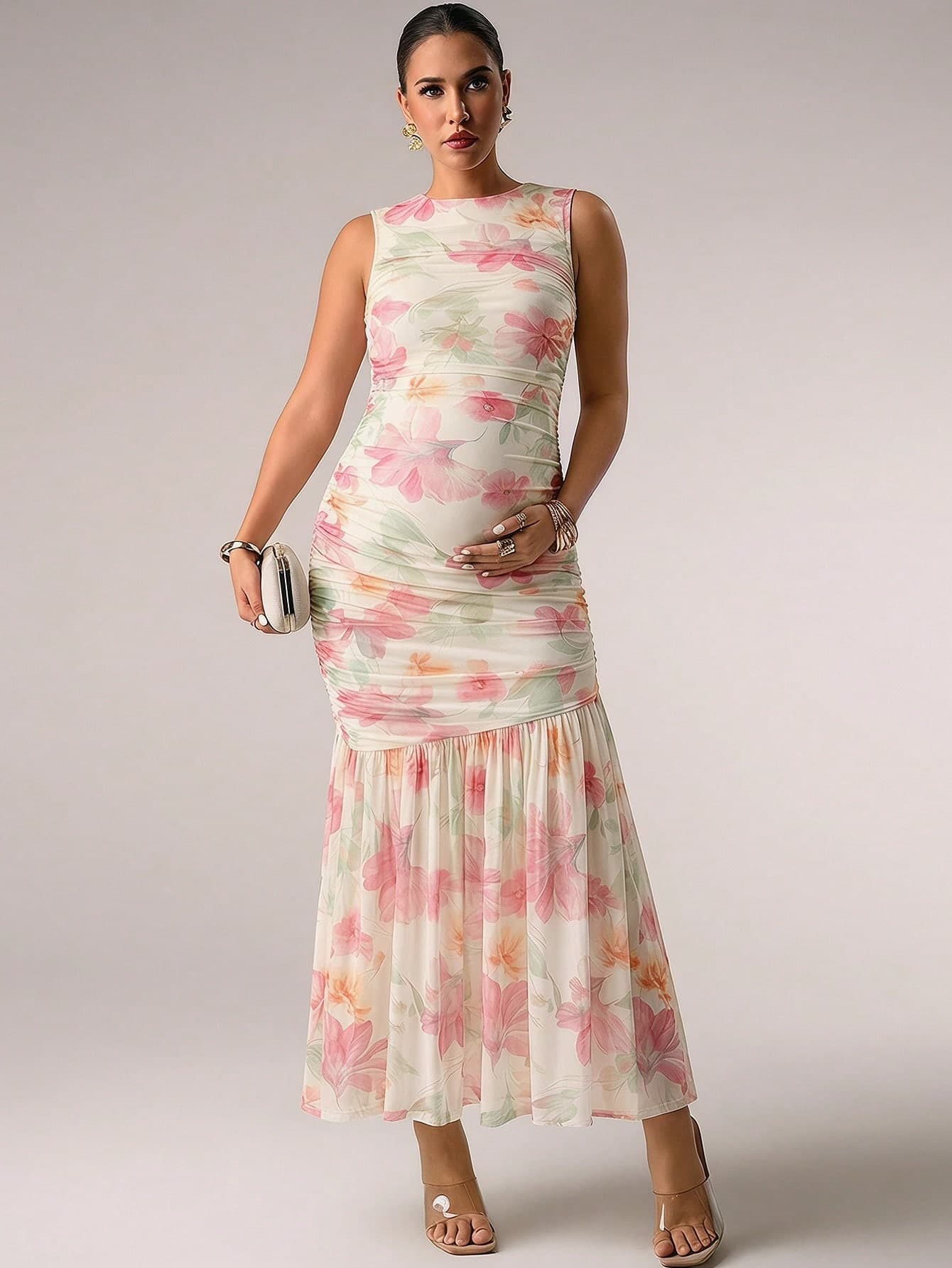 MaterniChic Maternity Fashionable Floral Print Sleeveless Dress Summer Elegant Dresses Luxury Evening Baby Shower Wedding Guest Pink Ruffle