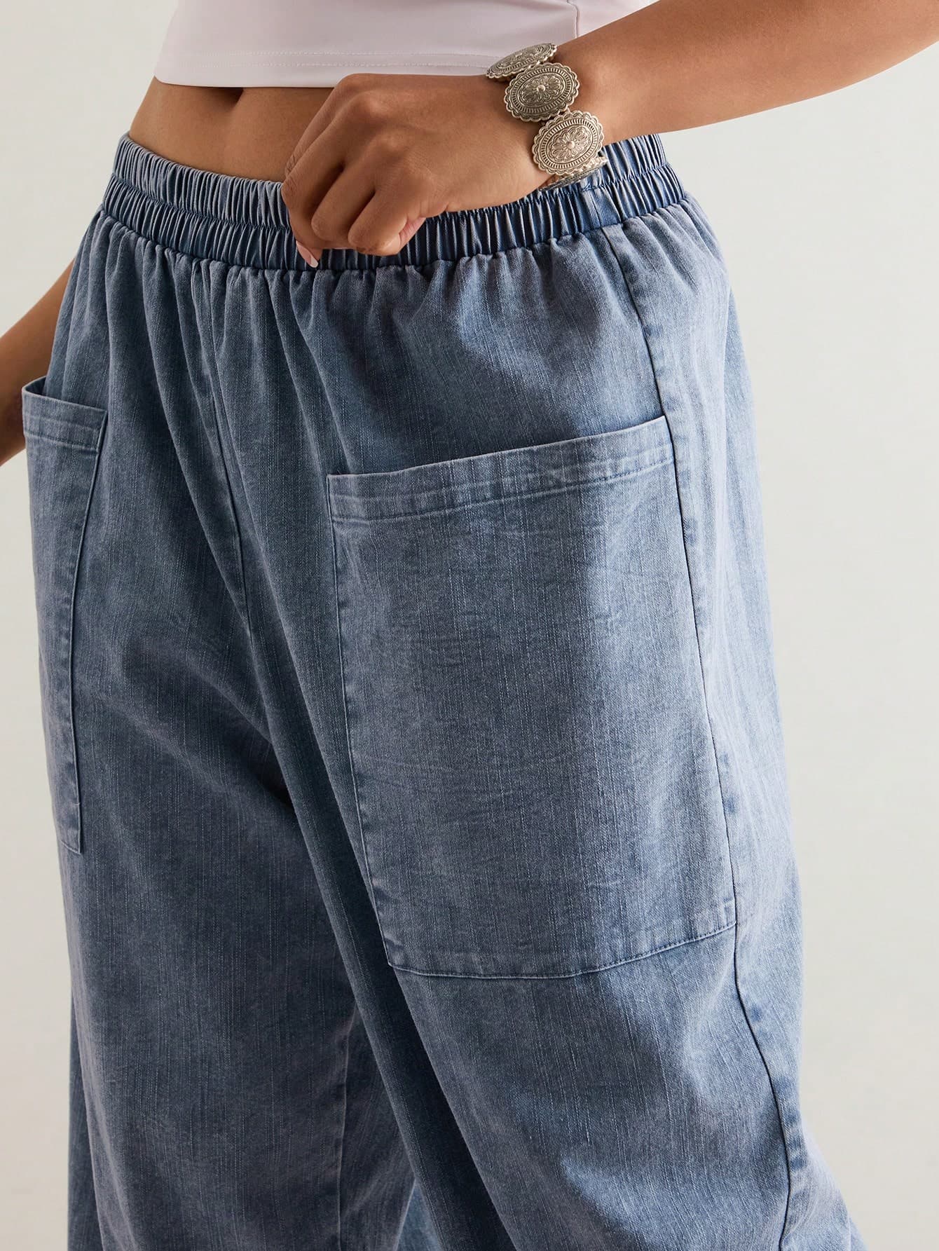 Freevana Plus Size Autumn Casual Traditional Washed Front Tie Loose Waist Pocketed Tapered Leg Pants Formal Vacation Blue Fall Brunch Bussines Office Work