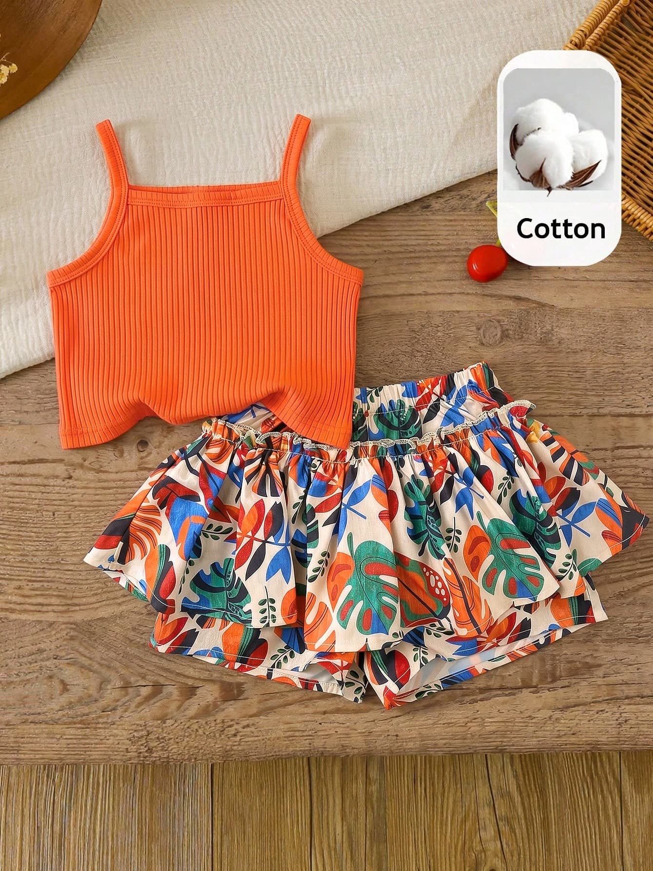SHEIN Young Girl Solid Ribbed Camisole And Tropical Plant Print Skirt Pants Set